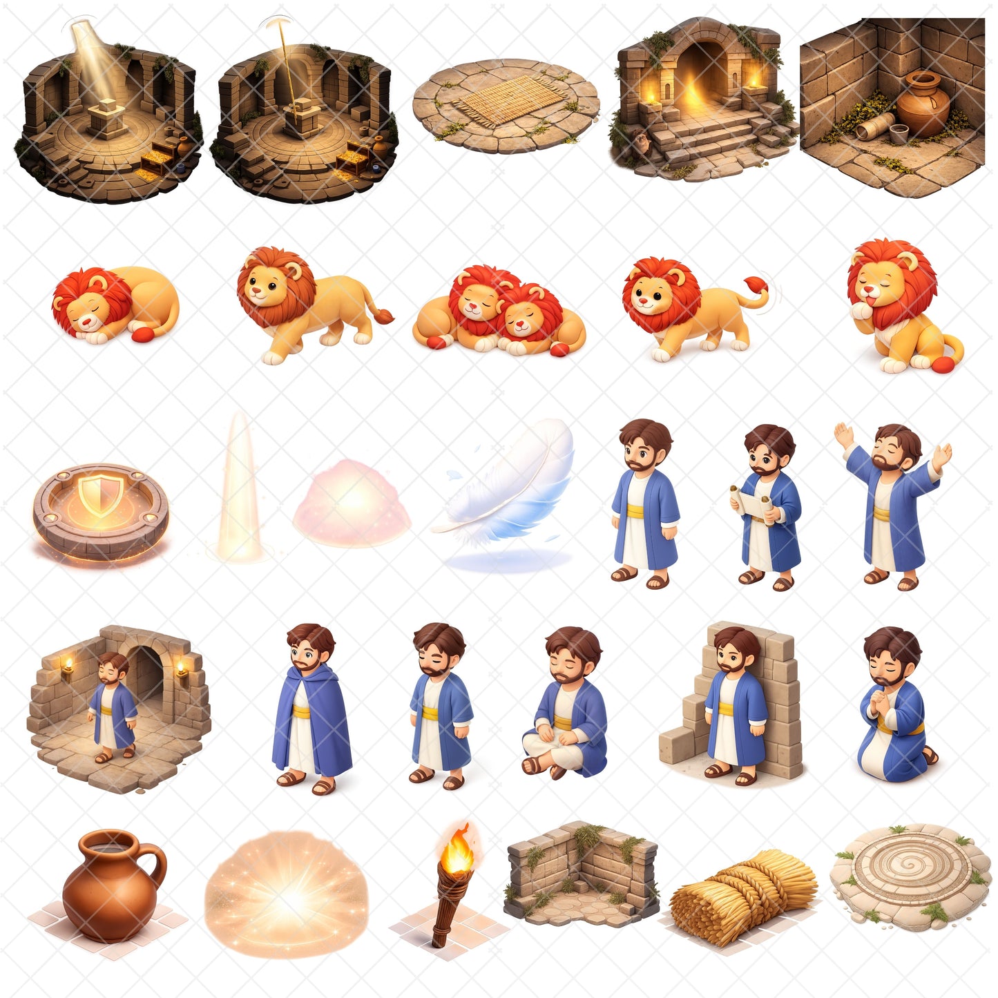 Daniel and the Lions Clipart Bundle – 3D Bible Story PNG, Christian Kids Graphics, Sunday School Art, Faith Lesson Clipart, 60 PNG