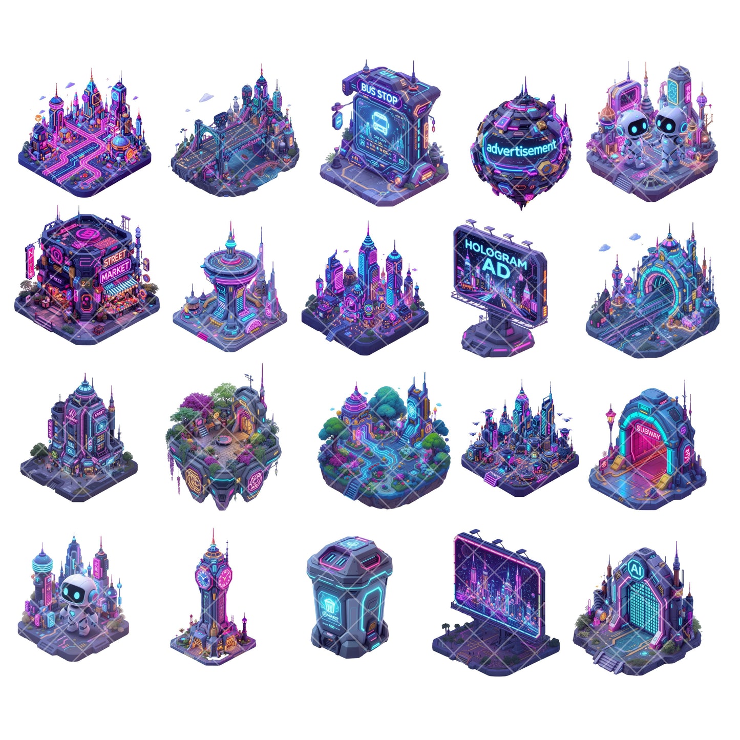 Cyberpunk City PNG Bundle – 60 Neon Sci-Fi Metropolis Clipart for Game Design & Digital Art