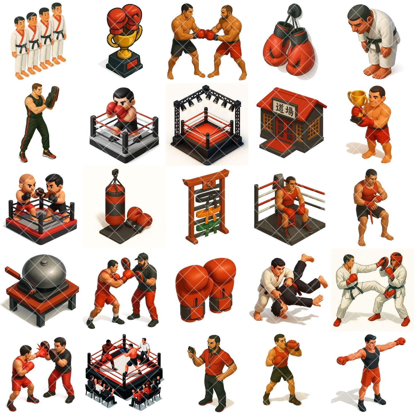 Martial Arts Boxing 3D Clipart PNG | MMA Karate Isometric Illustrations | Gym Sports Clipart | Training Graphics | Commercial Use
