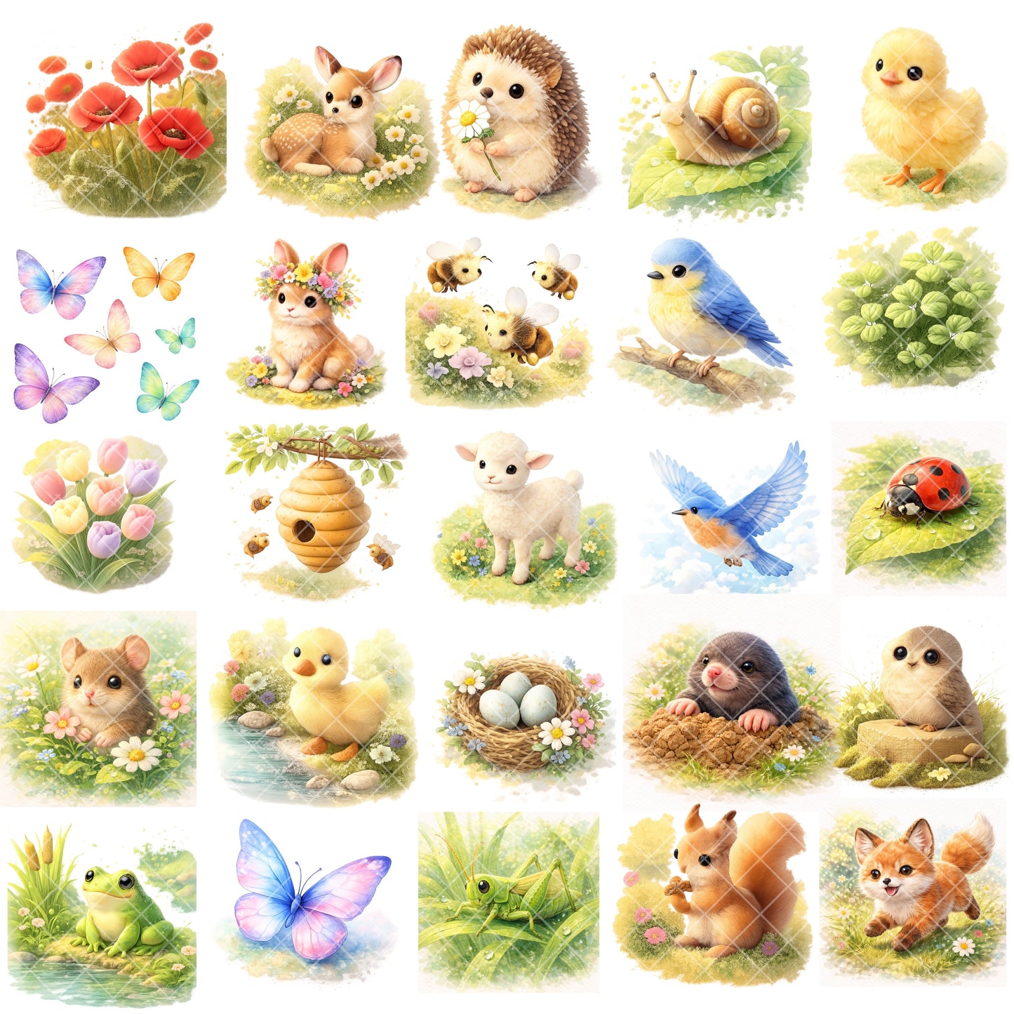 Spring Meadow Animals Watercolor Clipart Bundle – Cute Woodland Baby Animals PNG, Easter & Nursery Art, Floral Nature Graphics, 50 PNG