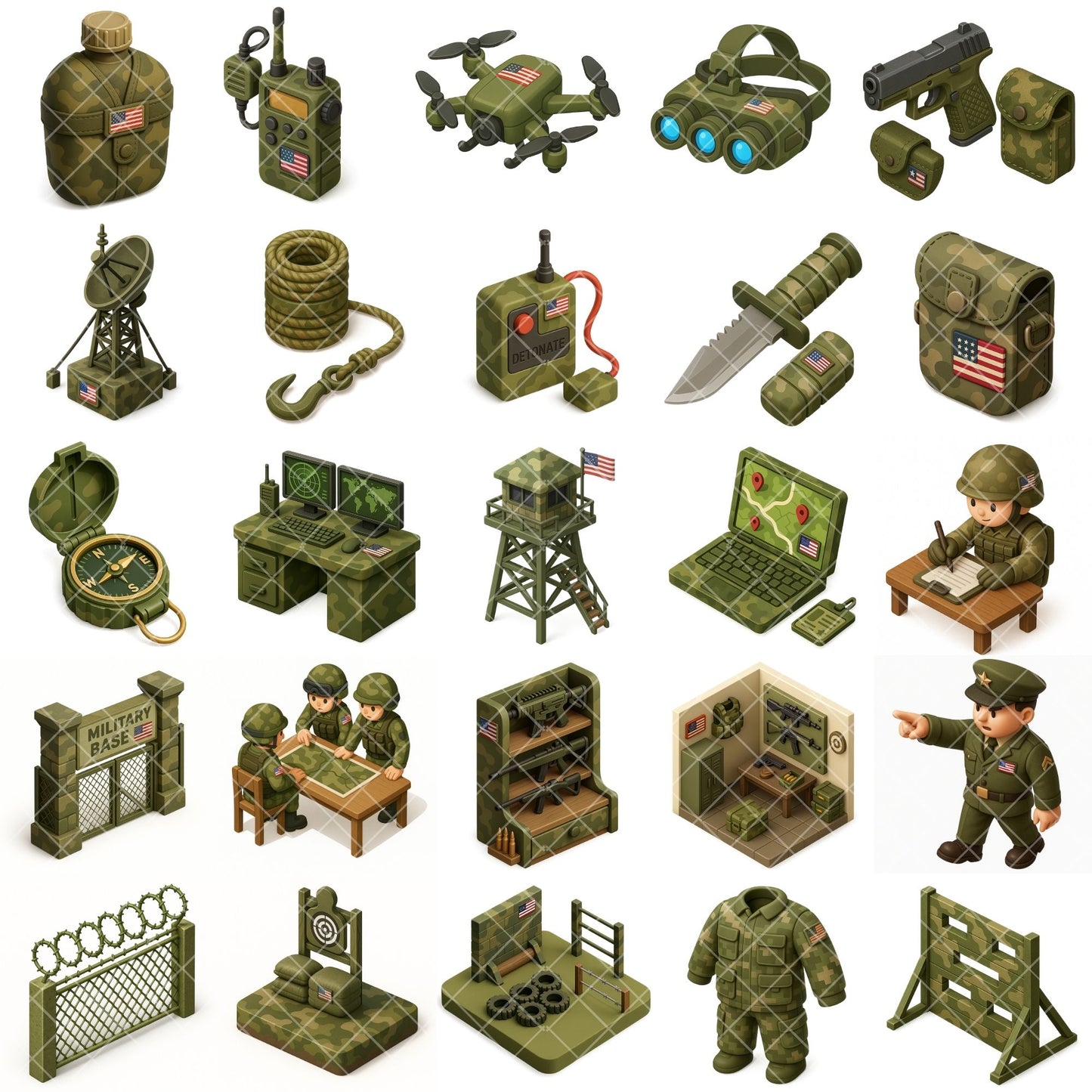 Military 3D Clipart PNG | Army Isometric Clipart | Camouflage Military Graphics | Army Game Assets | Commercial Use