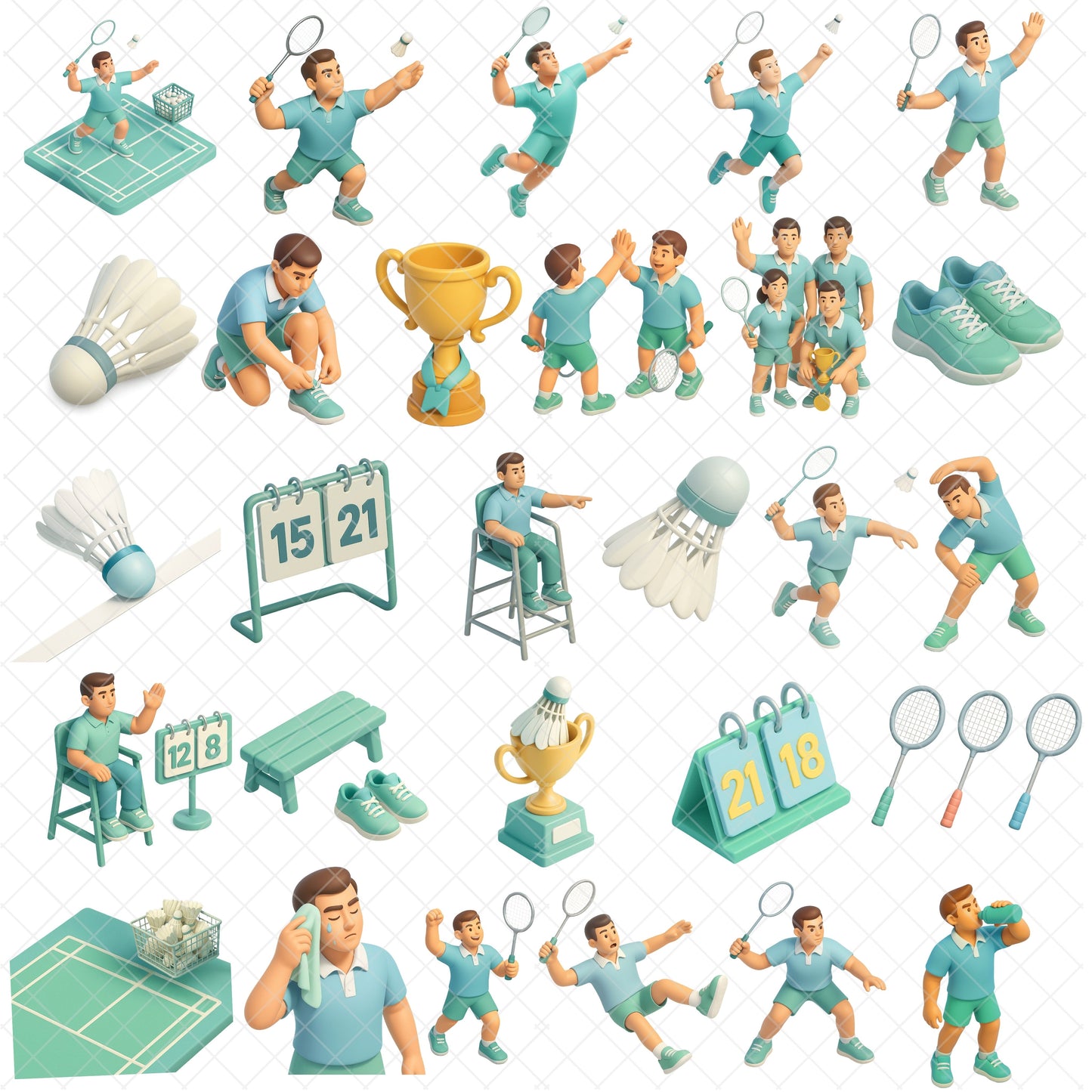 Badminton 3D Clipart Bundle – Match Moments PNG, Players, Rackets, Court Scenes & Trophies for Sports Graphics, 53 PNG