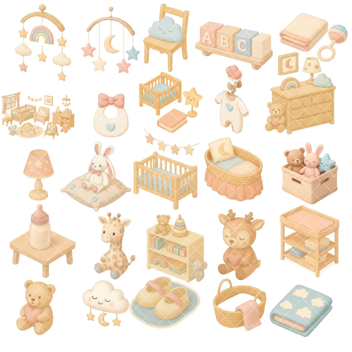 Pastel Nursery Clipart – 3D Baby Room PNG Bundle, Cute Nursery Decor & Baby Shower Graphics (52 Files)