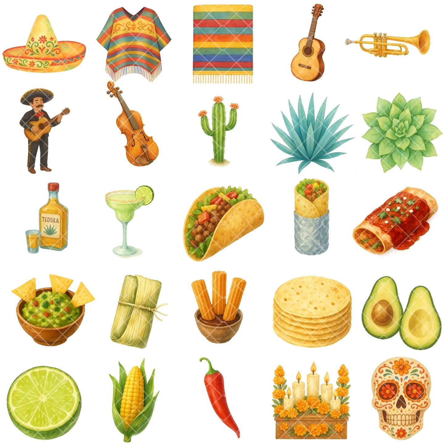 Mexico Watercolor Clipart PNG | Mexican Culture Fiesta Art | Cinco de Mayo Clipart | Mexico Icons PNG | Commercial Use
