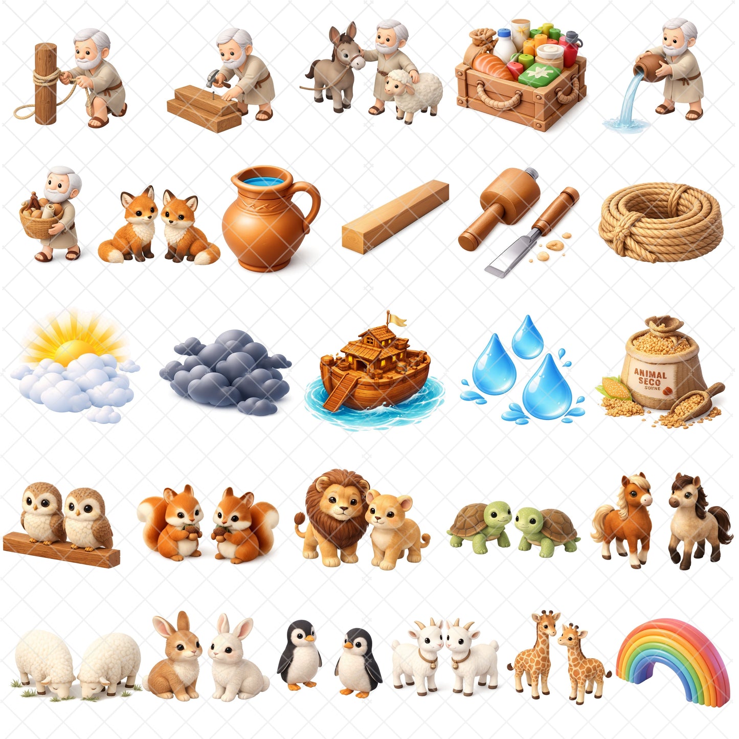 Noah’s Ark Clipart Bundle – 3D Bible Story PNG, Christian Kids Graphics, Ark & Animals Clipart, Sunday School Art, 60 PNG