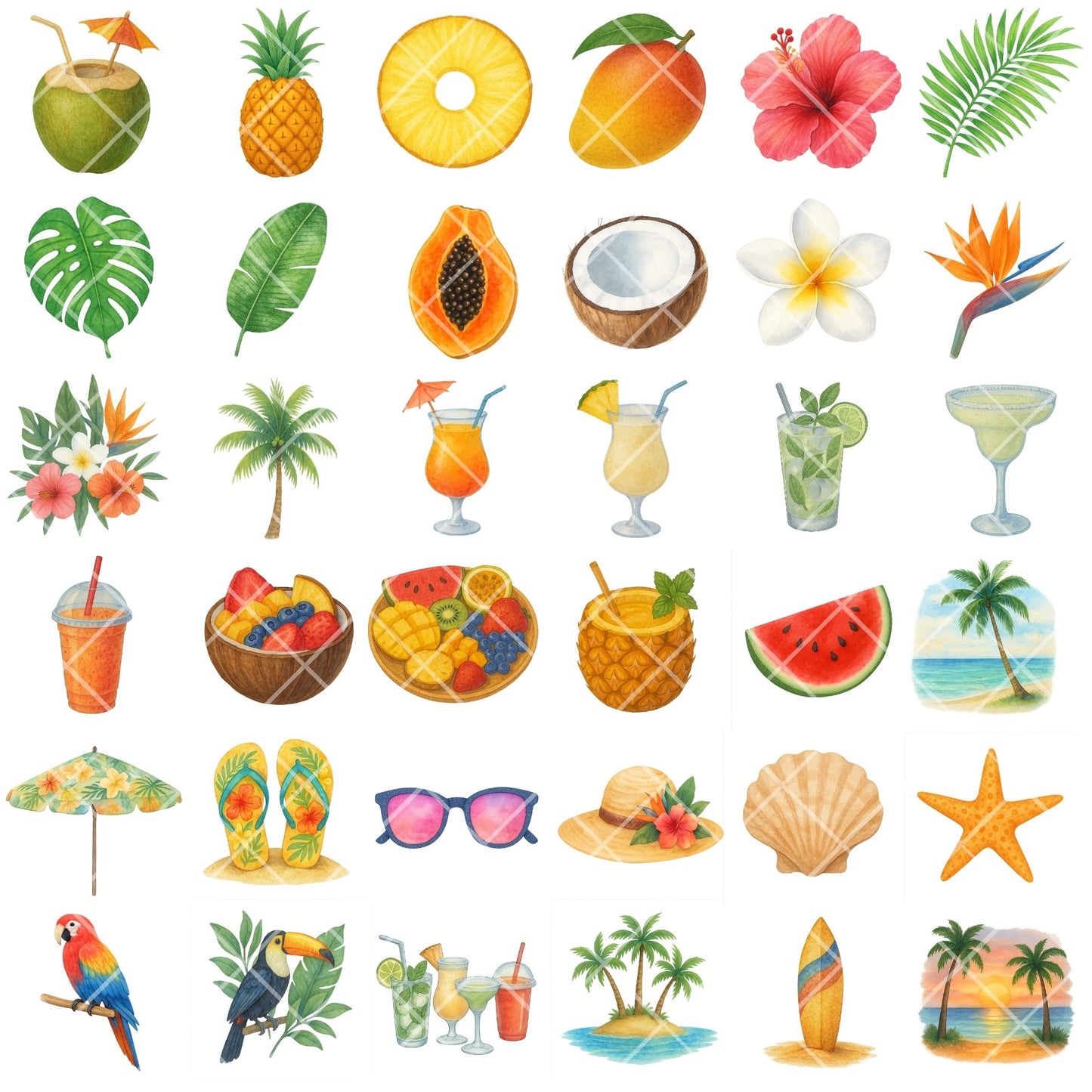 Tropical Watercolor Clipart PNG | Summer Drinks & Beach Icons | Tropical Paradise Art | Vacation Clipart | Commercial Use