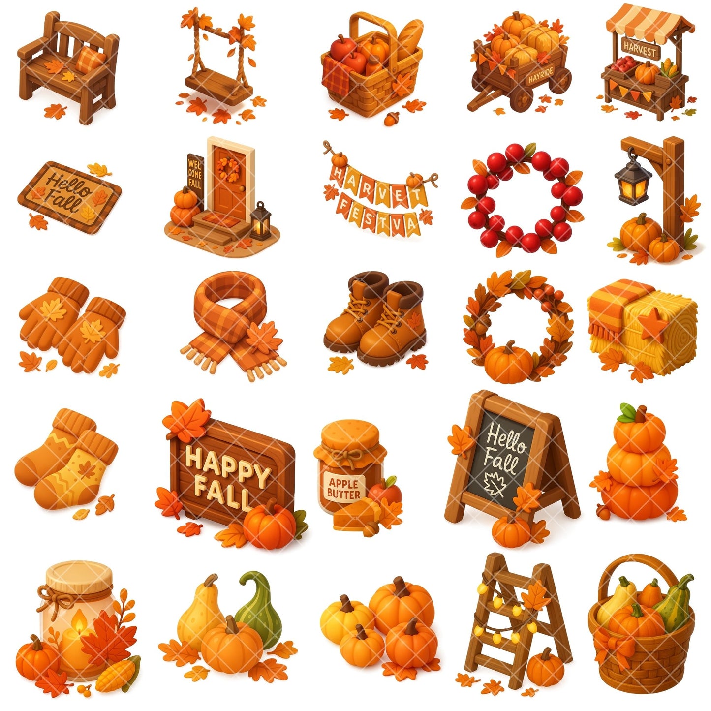 Autumn Decor Clipart | Harvest Fall PNG | Pumpkins Porch Decor | 3D Cozy Autumn Clipart | 54 PNG Digital Download