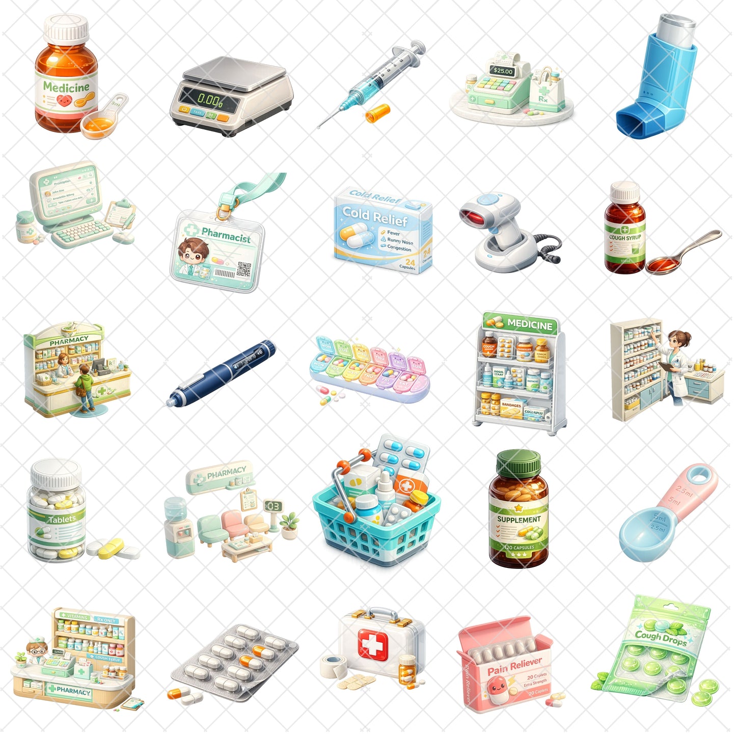 Pharmacist 3D Isometric Clipart PNG Bundle – 48 Pharmacy Tools, Medications & Healthcare Graphics