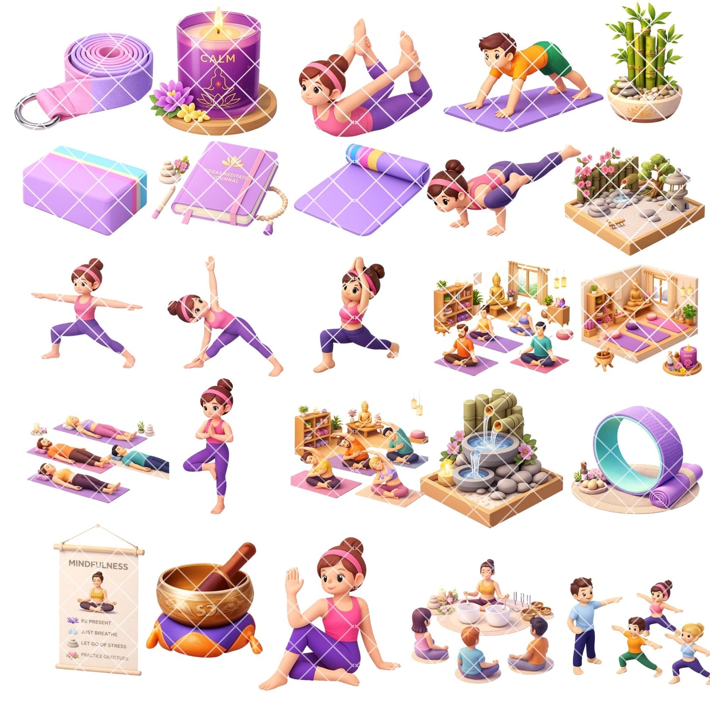 Yoga and Meditation Clipart – 45 Wellness PNG Files – 3D Yoga Poses, Planner Stickers & Instructor Graphics