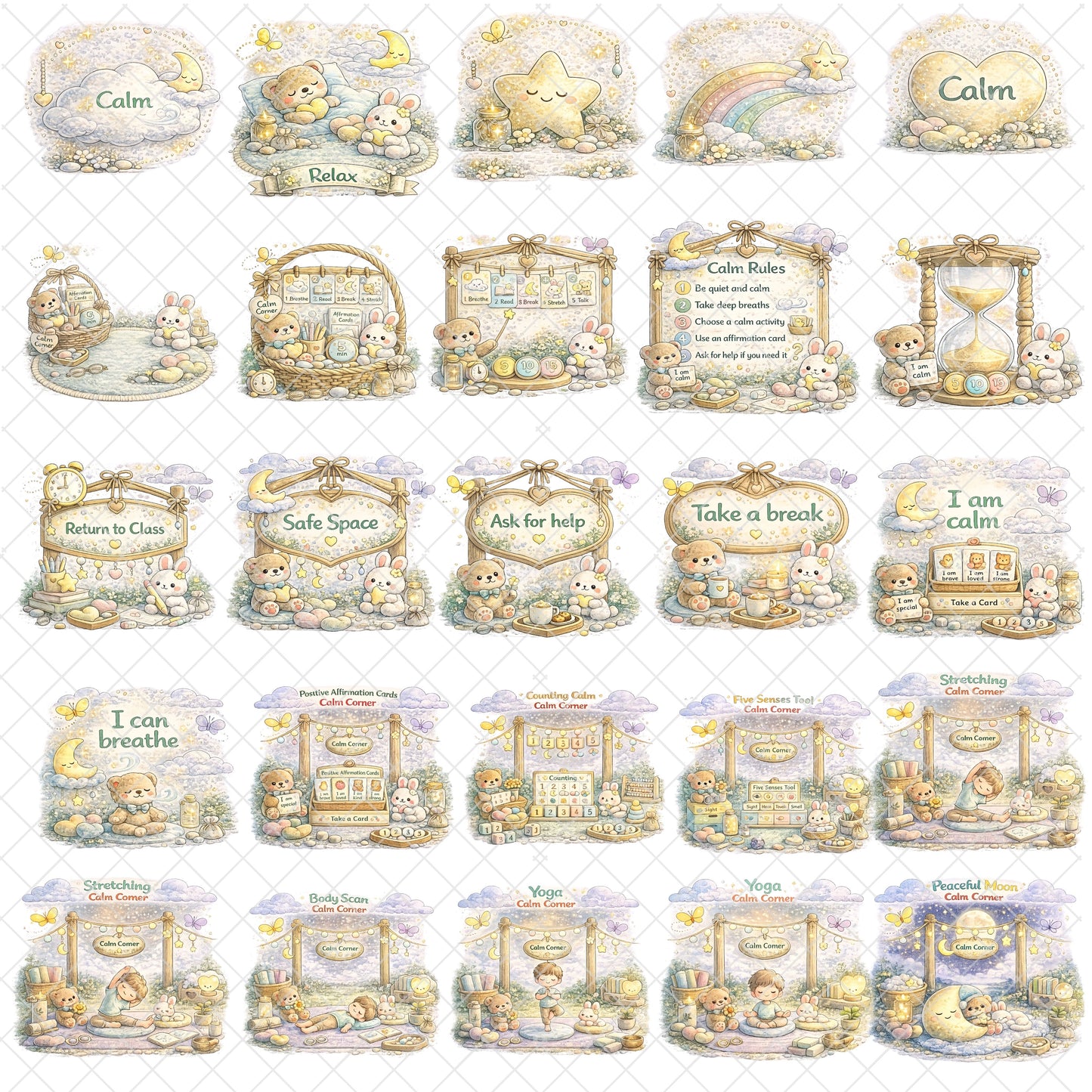 Calm Corner Clipart Set – 55 PNG Files | SEL Classroom Emotions, Coping Skills, Behavior & Regulation Charts