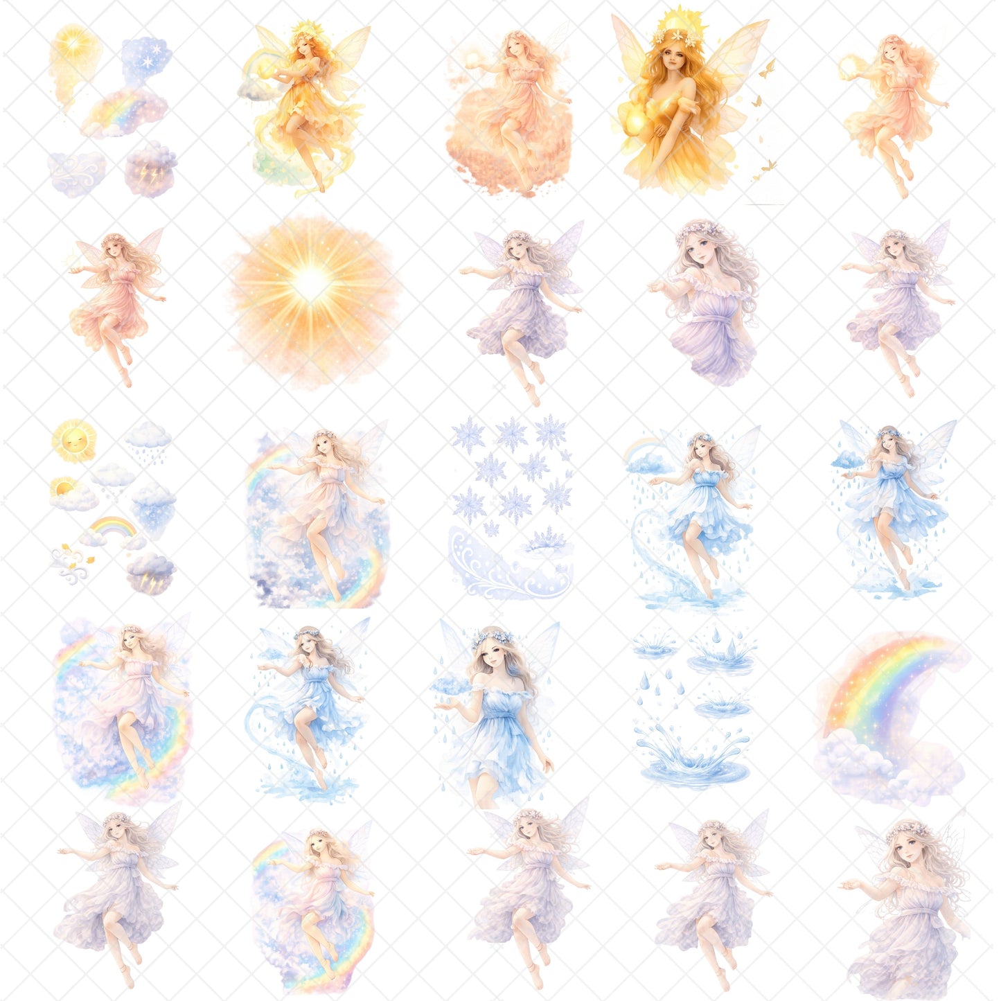 Fairy Weather Clipart – Watercolor Fairy PNG Bundle (48 Files) – Magical Fantasy Art, Rain Sun Snow Rainbow Graphics