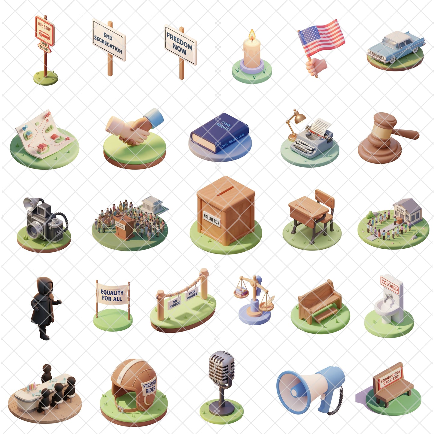 American Civil Rights 3D Clipart PNG Bundle – 54 Equality & Justice History Graphics for Education