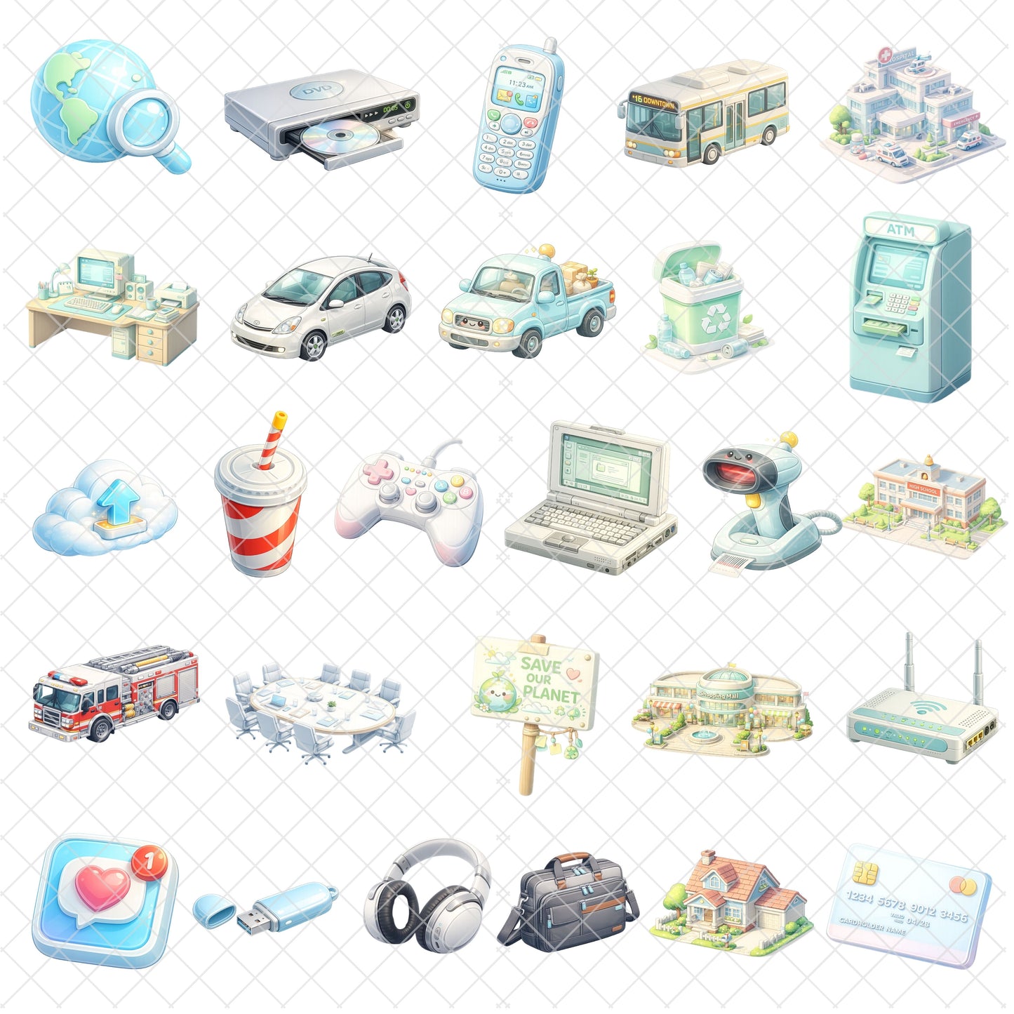 Modern American History 3D Clipart PNG Bundle – 54 Early 2000s Technology & Culture Graphics for Classroom