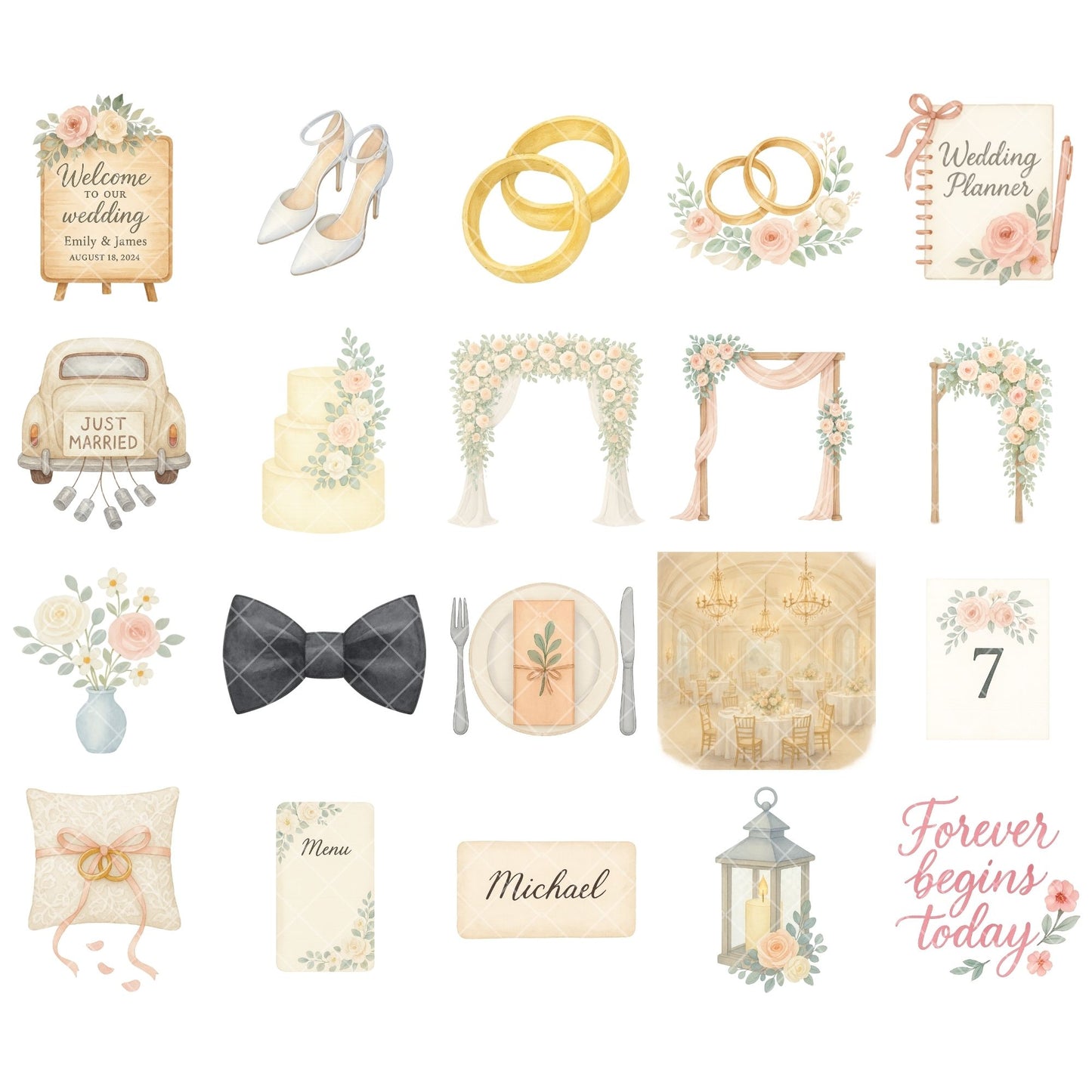 Watercolor Wedding Clipart Bundle, Romantic Bride Groom PNG, Wedding Decor Flowers Rings Cake Arch Set (54 PNG)
