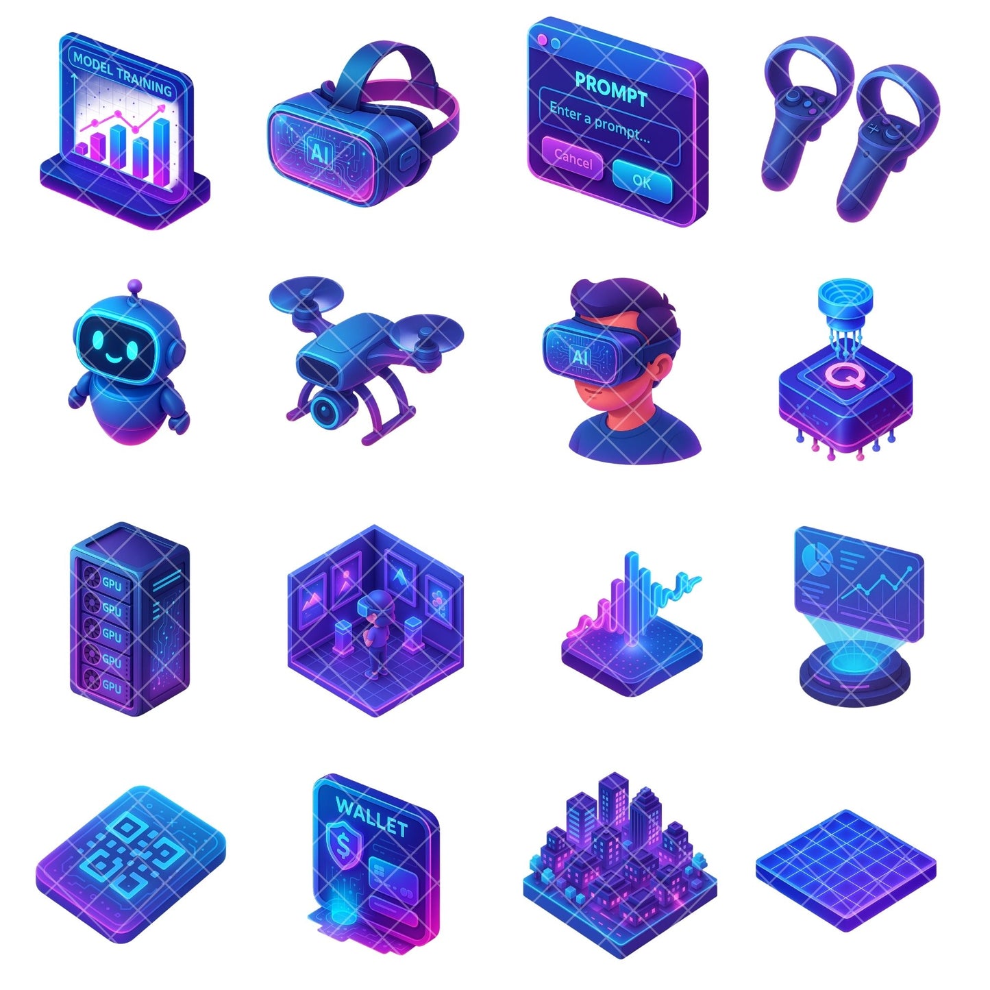 Virtual Reality AI Clipart PNG | Futuristic Tech Icons | Metaverse VR Graphics | 3D Neon AI Illustrations | Commercial Use