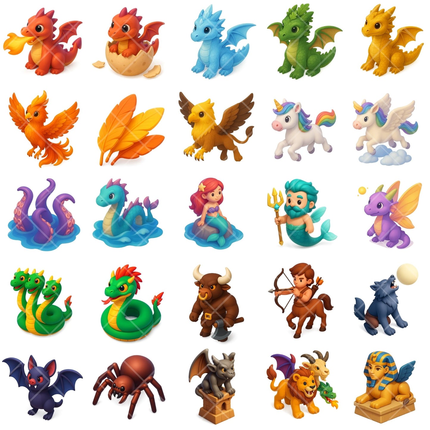 Mythical Creatures Clipart, Fantasy Beasts PNG Bundle, Dragons Unicorns Phoenix Griffins, 3D Fantasy Art (64 PNG)
