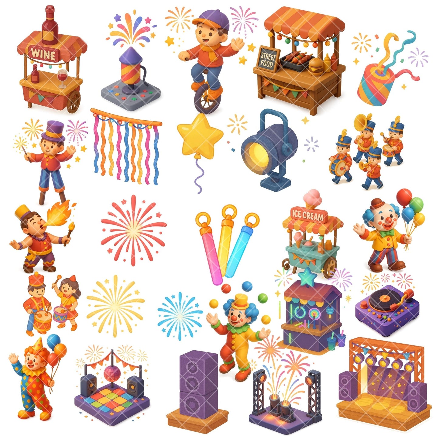 New Year Fireworks Festival Clipart – 2026 Street Party PNG Set, Parade Music Food Stalls, 3D Celebration Graphics, 60 PNG Files