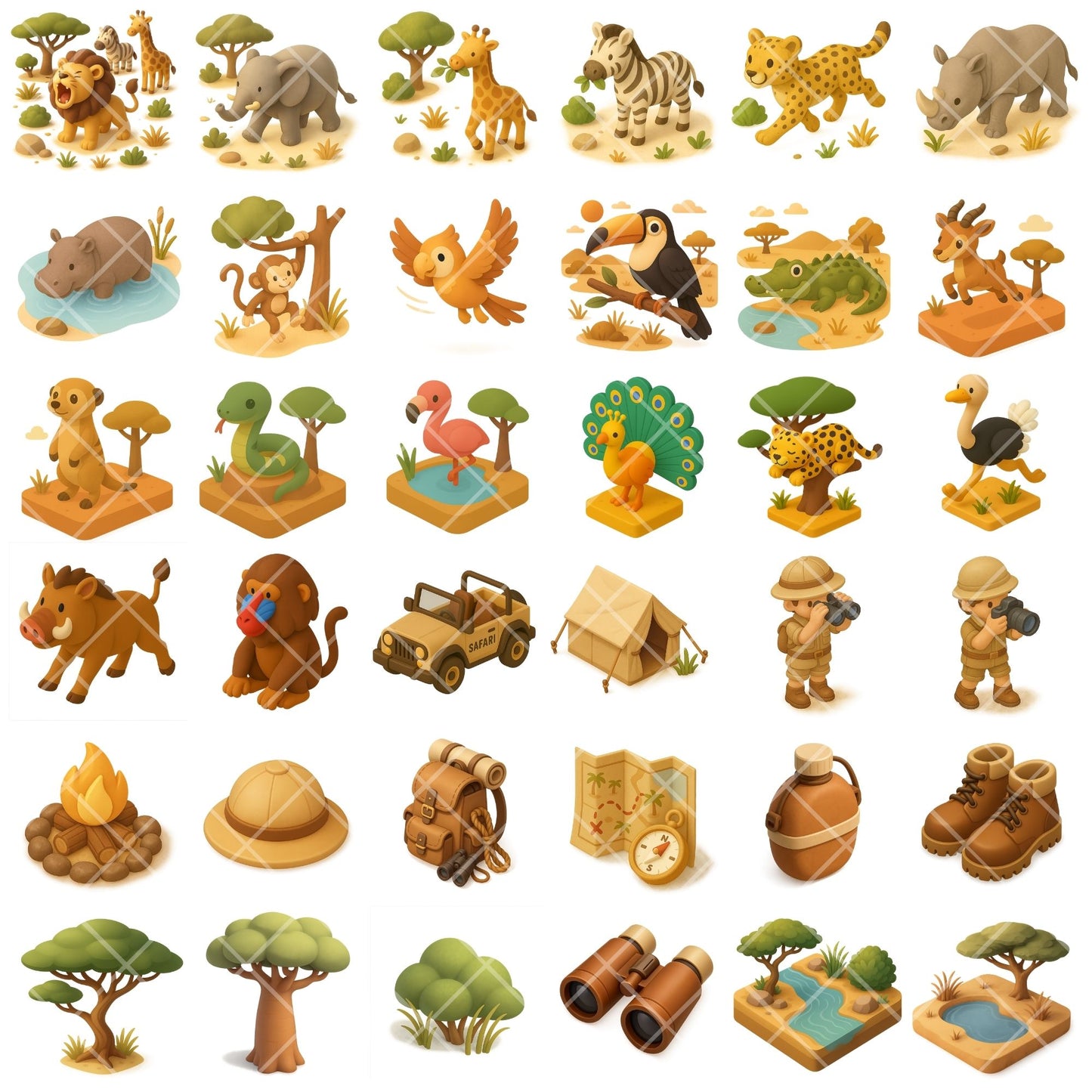 Safari Animals 3D Clipart PNG | Jungle Adventure Isometric Set | Safari Nursery Art | Kids Jungle Clipart | Commercial Use