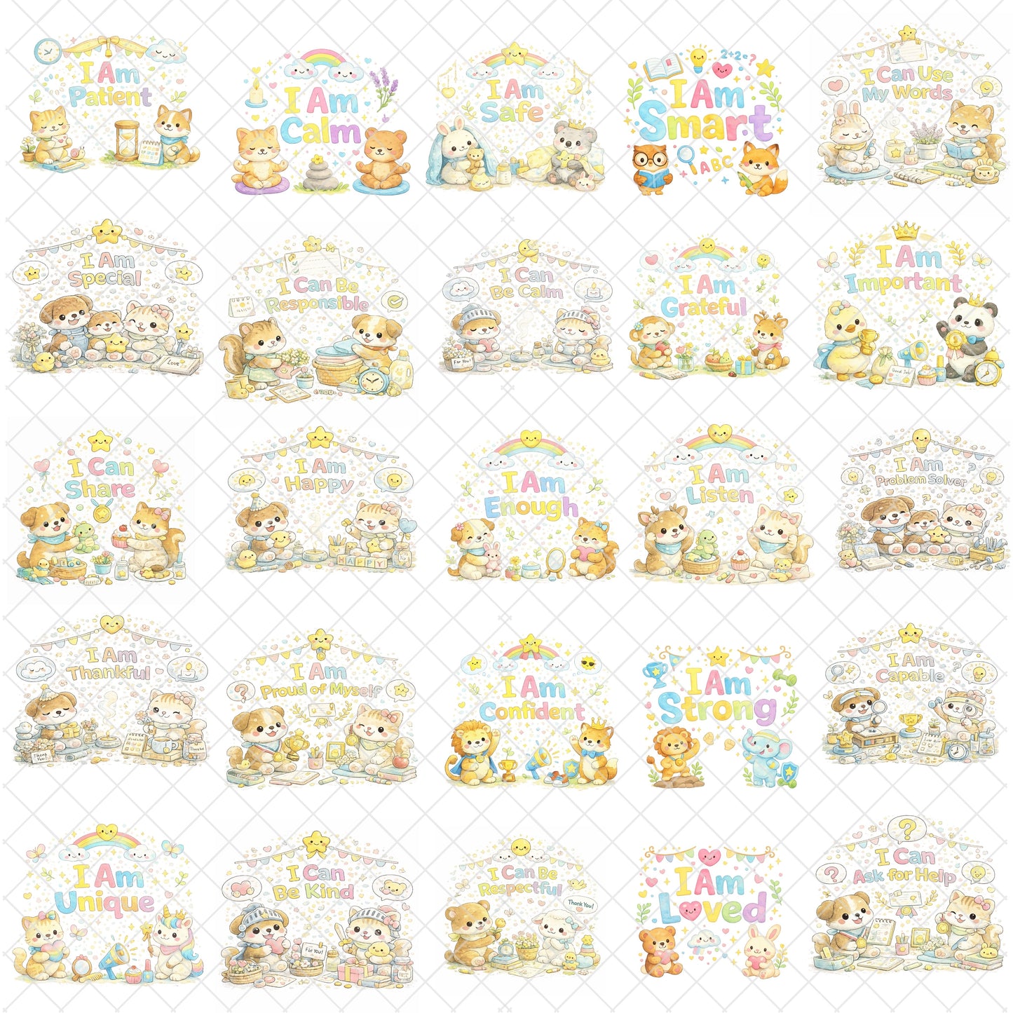 Positive Affirmations Clipart PNG Bundle – 55 Kids Growth Mindset Quotes with Cute Animal Watercolor Art