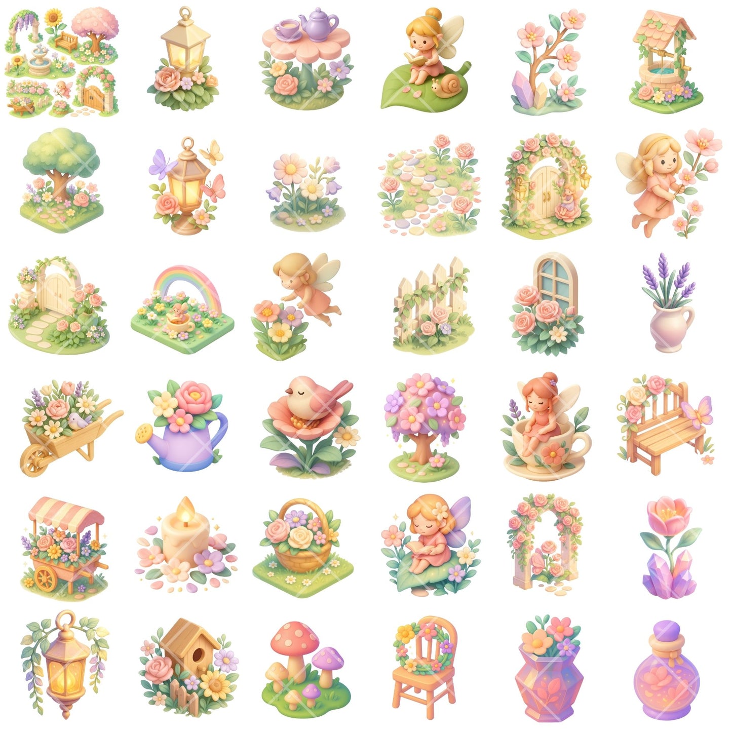 Fairy Garden Clipart PNG | Floral Fairytale Spring Garden | Fairies Flowers Trees | Nursery & Kids Crafts | Commercial Use