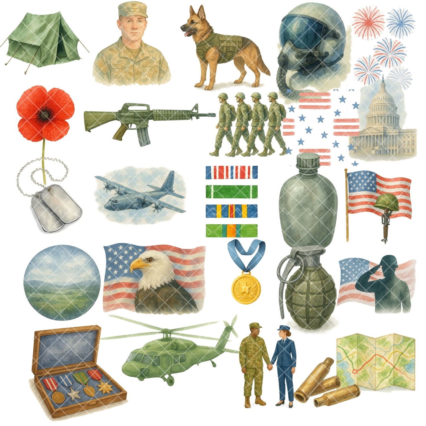 Military Patriotic Clipart Bundle – Watercolor Veteran PNGs, Army & 4th of July Patriotic Art (55 Files)