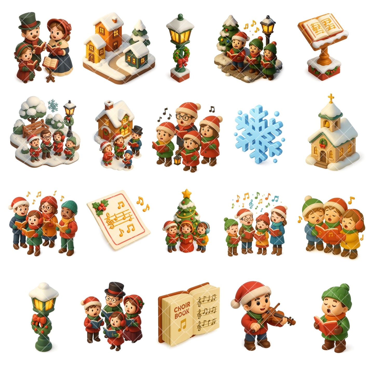 Christmas Carolers Clipart, 3D Isometric Holiday PNG Set, Festive Music Choir, Angels & Winter Decor, 60 PNG Files