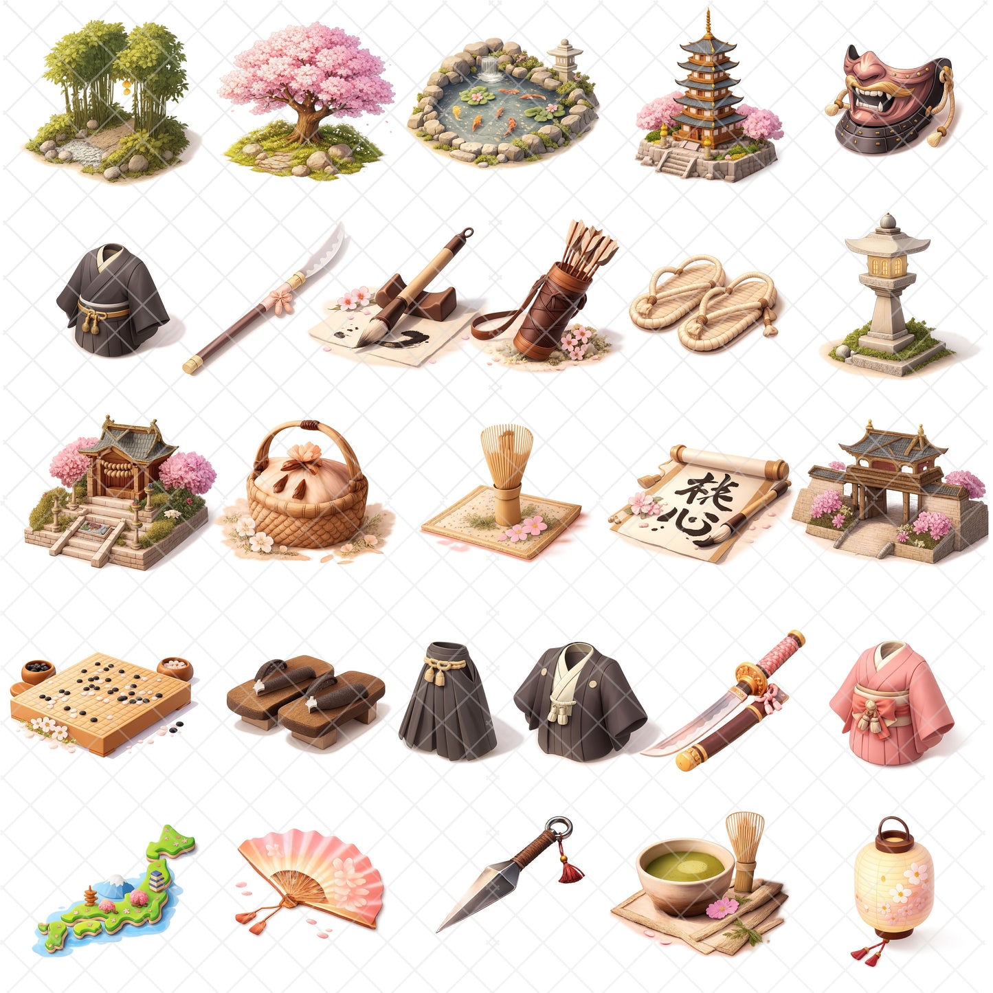 Ancient Japan PNG Clipart Bundle, Samurai Armor & Japanese Temple Art, Pagoda Lantern Zen Graphics, Watercolor 3D Style, Commercial Use, 55 PNG