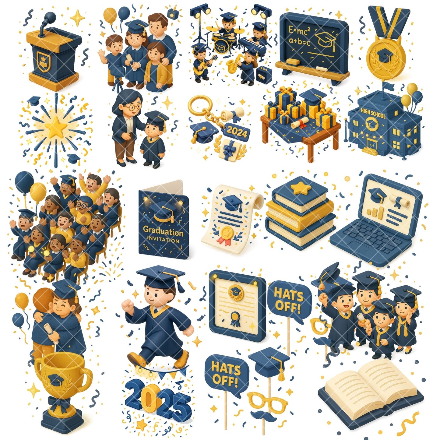 Graduation 3D Clipart Bundle – Class of 2025 PNGs, Isometric Graduation Party Graphics (53 Files)