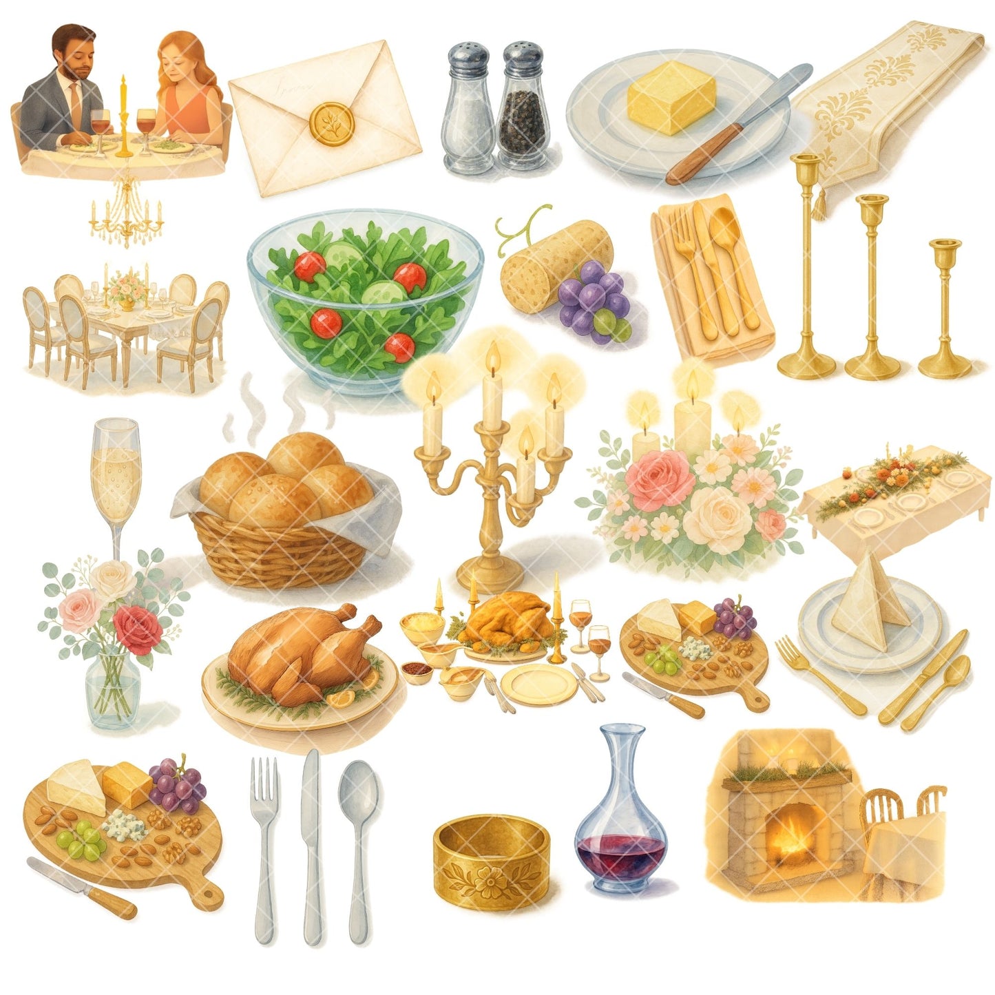 Festive Dinner Watercolor Clipart – Elegant Tablescape PNG Set, Holiday Meal & Family Dinner Art, Celebration Dining Clipart, 56 PNG Files
