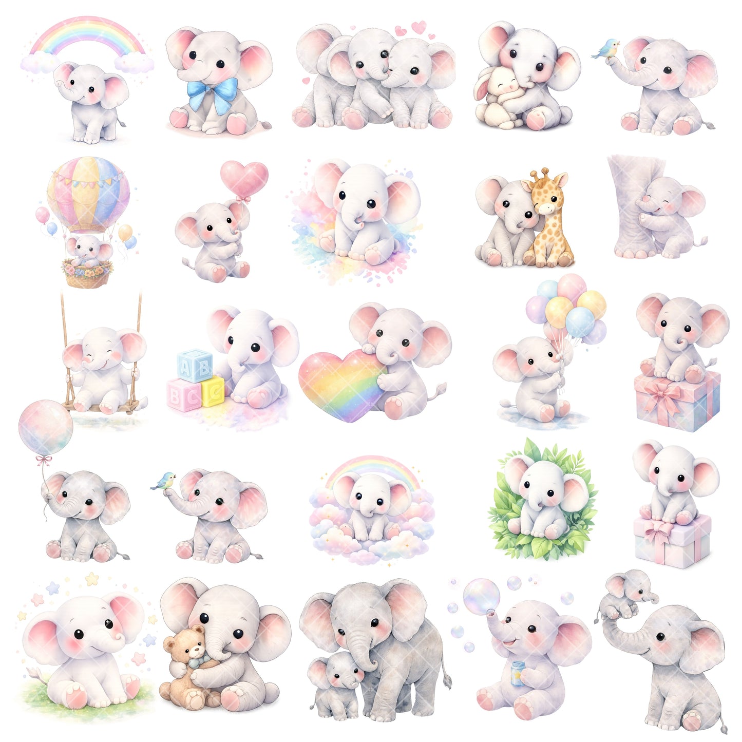 Elephant Family Watercolor Clipart PNG | Baby Elephant Nursery Animals | Jungle Safari Kids Art | Baby Shower Graphics | Commercial Use