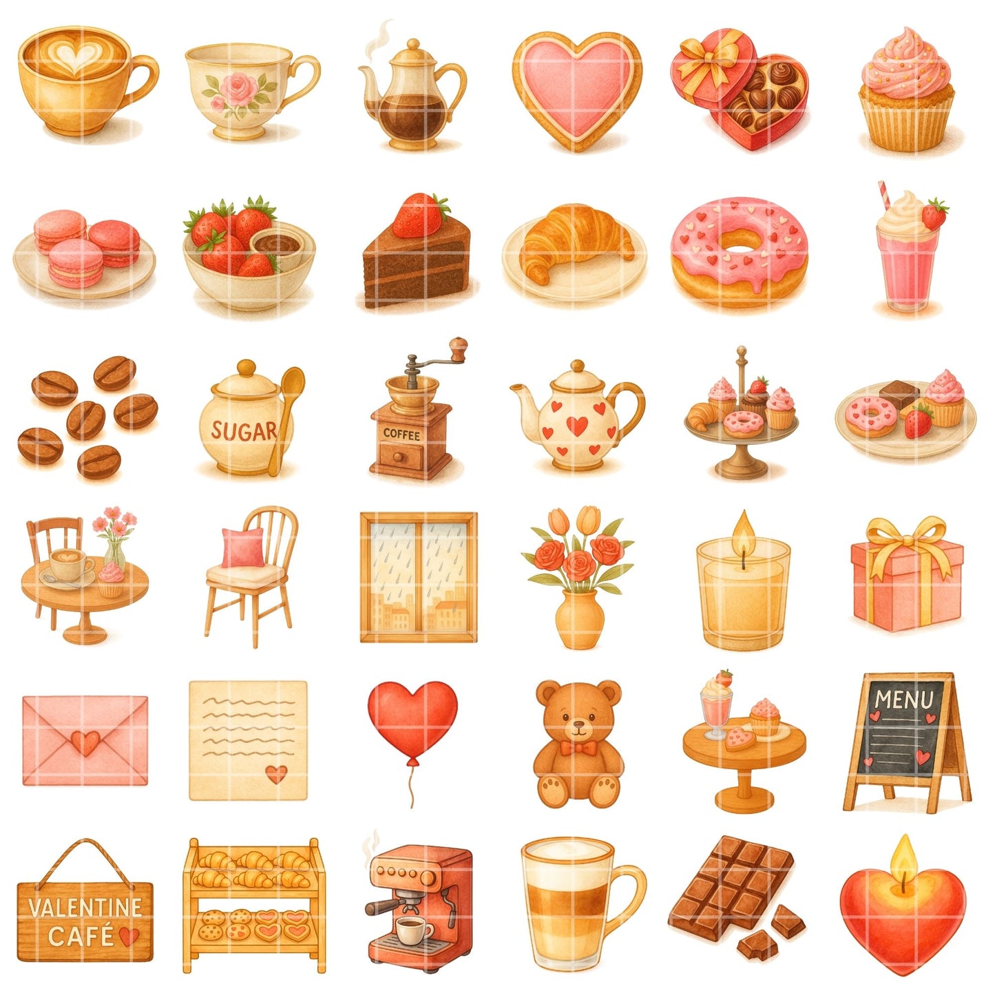 Watercolor Valentine Cafe Clipart, Coffee & Desserts PNG Set, Romantic Cafe Art, Hearts Flowers (54 PNG)