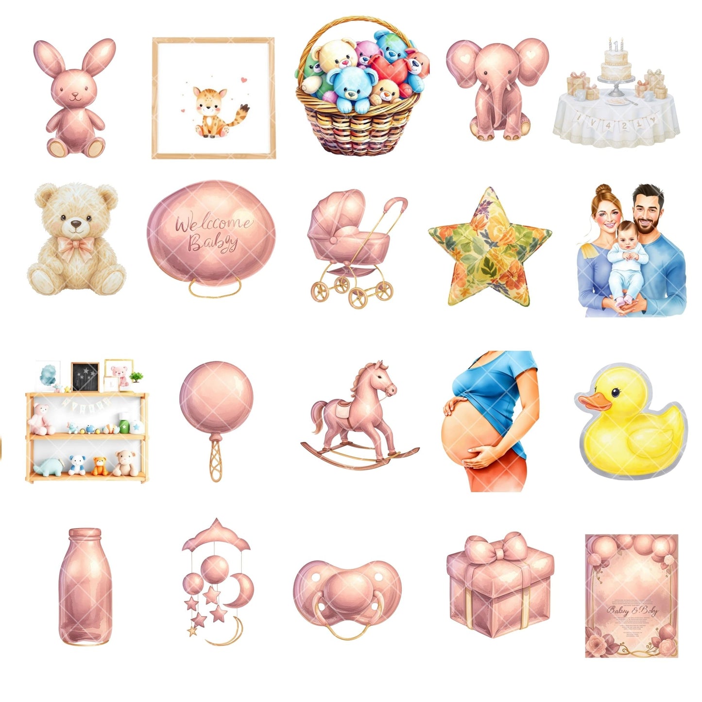 Pink Baby Shower Clipart Watercolor – Nursery Decor & Baby Items PNG | Girl Shower, Birth Announce (55 Files)