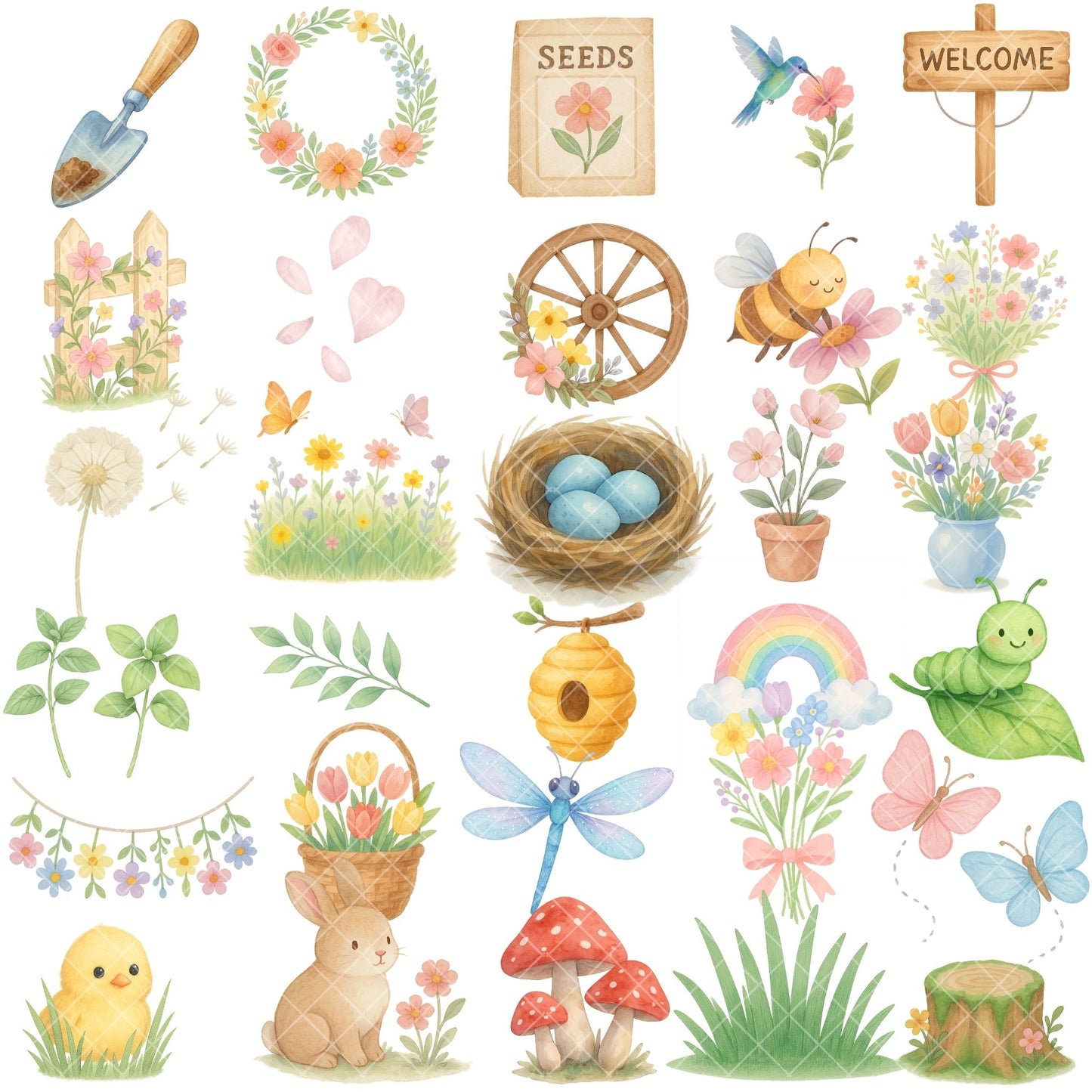 Spring Garden Clipart Watercolor – Wildflowers & Butterflies PNG | Floral Garden, Spring Flowers, Nature Clipart (56 Files)