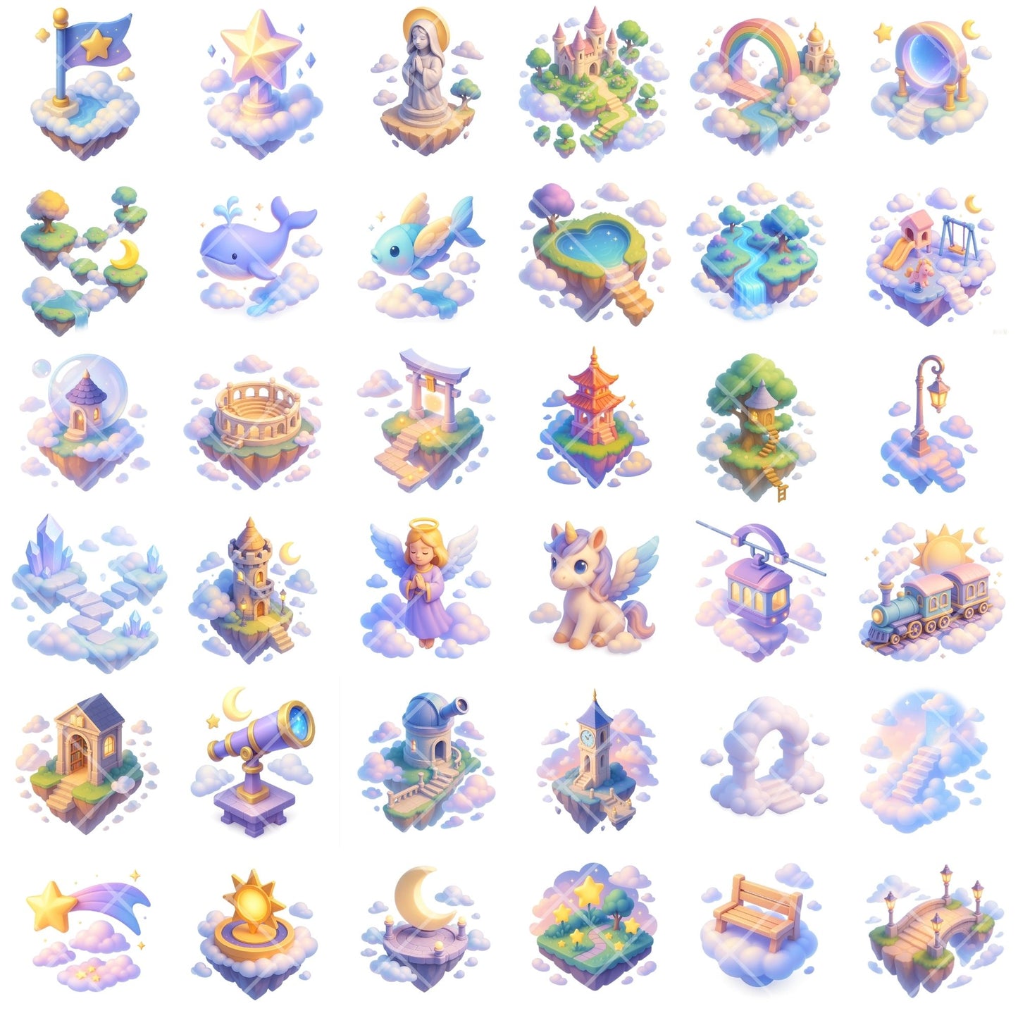 Floating Island Clipart, Sky Kingdom PNG Bundle, Fantasy Castle Clouds Islands, Magical Celestial Art (64 PNG)