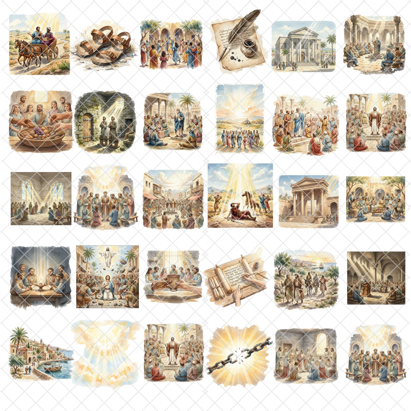 Acts of the Apostles Watercolor Clipart PNG Bundle – 60 Christian Bible Story Illustrations