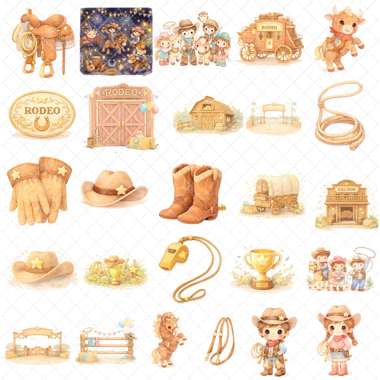 Rodeo Watercolor Clipart Set – Cowboy Kids & Western PNG, Bull Riding, Barn & Farm Art for Parties, Crafts & Classrooms, 54 PNG