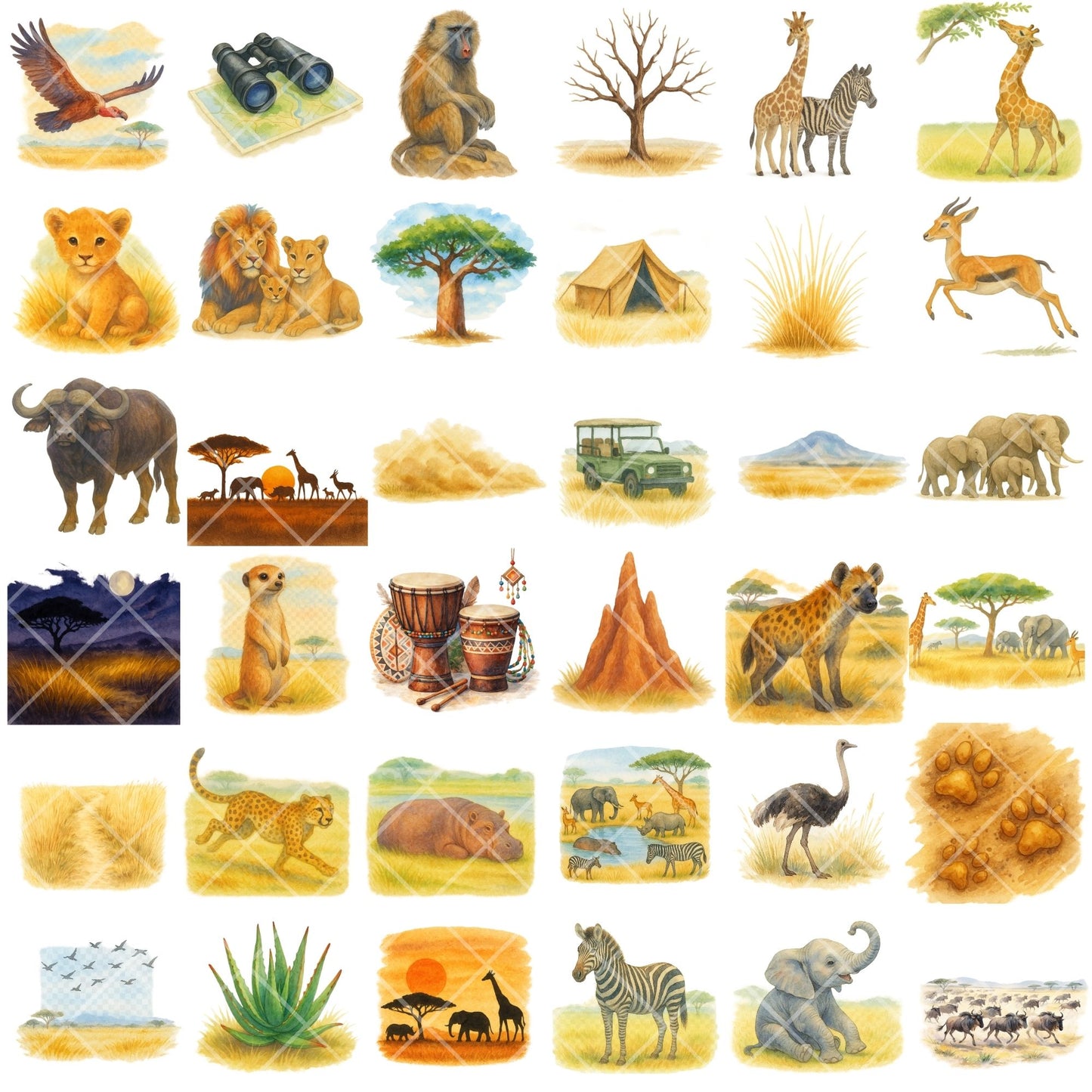 Watercolor Safari Animals Clipart PNG | African Savanna Jungle Animals | Nursery & Classroom Decor | Wildlife PNG Set | Commercial Use