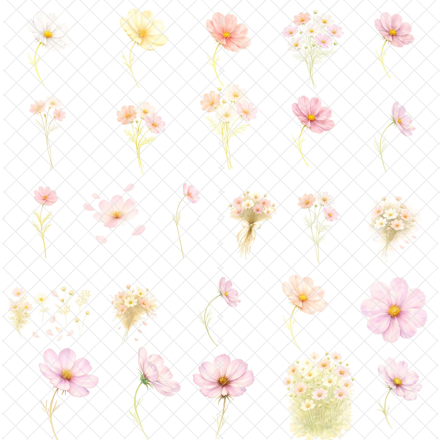 Cosmos Watercolor Clipart – Pastel Flower PNG Bundle (55 Files) – Wedding Florals, Journal & Stationery Graphics