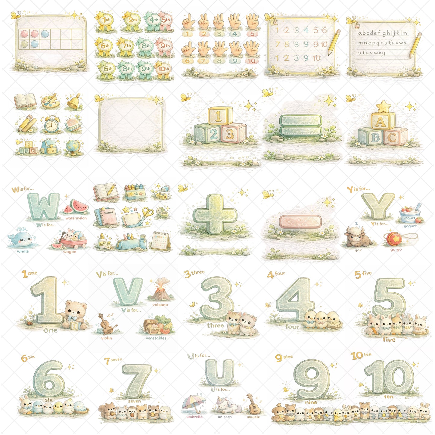 ABC Numbers Learning Clipart – 55 PNG Alphabet & Counting Objects | Preschool Worksheets, Flashcards, Classroom Posters