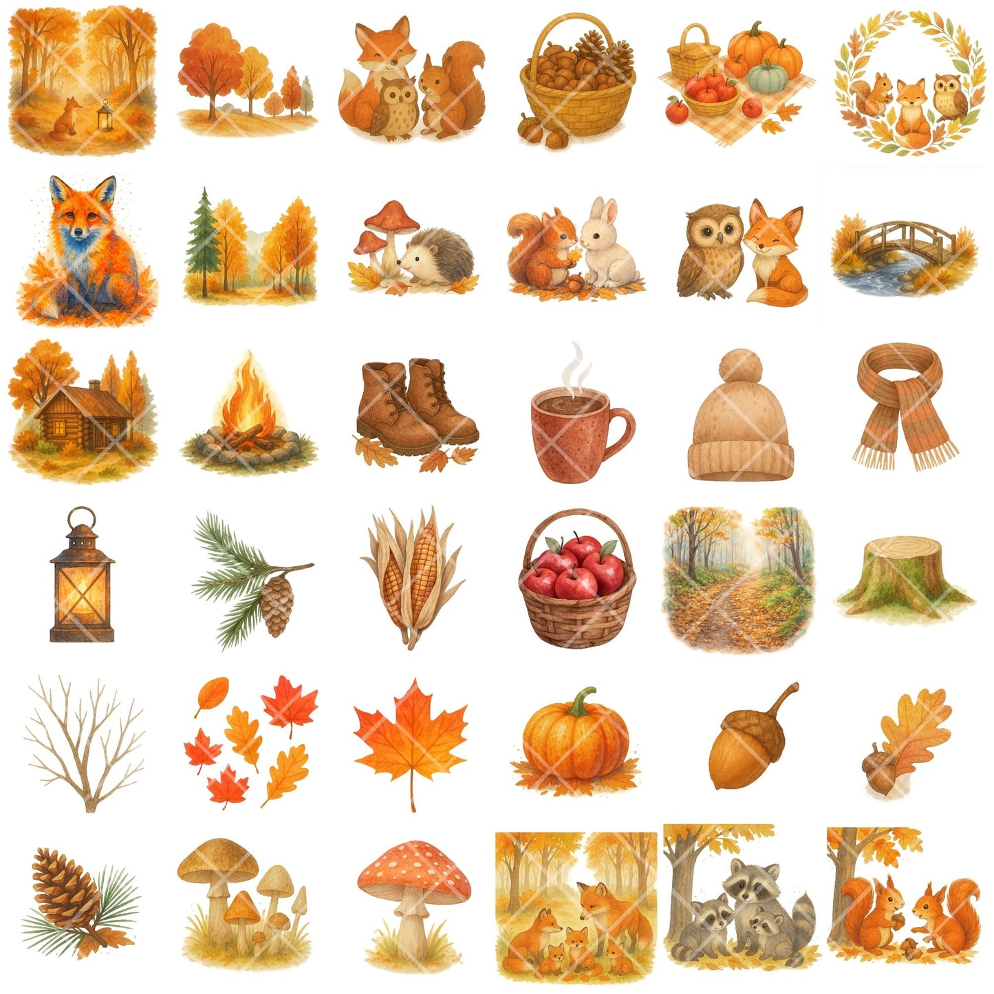 Autumn Forest Critters Clipart PNG | Watercolor Fall Woodland Animals | Cozy Autumn Nursery Art | Thanksgiving Forest PNG | Commercial Use