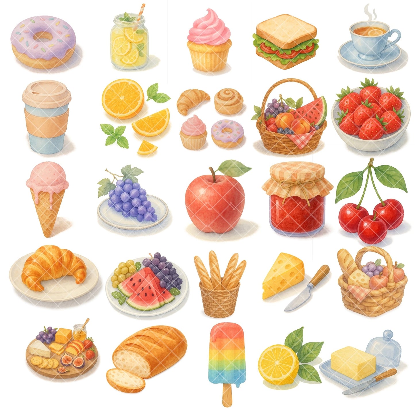 Picnic Watercolor Clipart Set – Summer Party PNG Bundle, Picnic Food & Outdoor Celebration Art, Cute Summer Clipart, 57 PNG Files