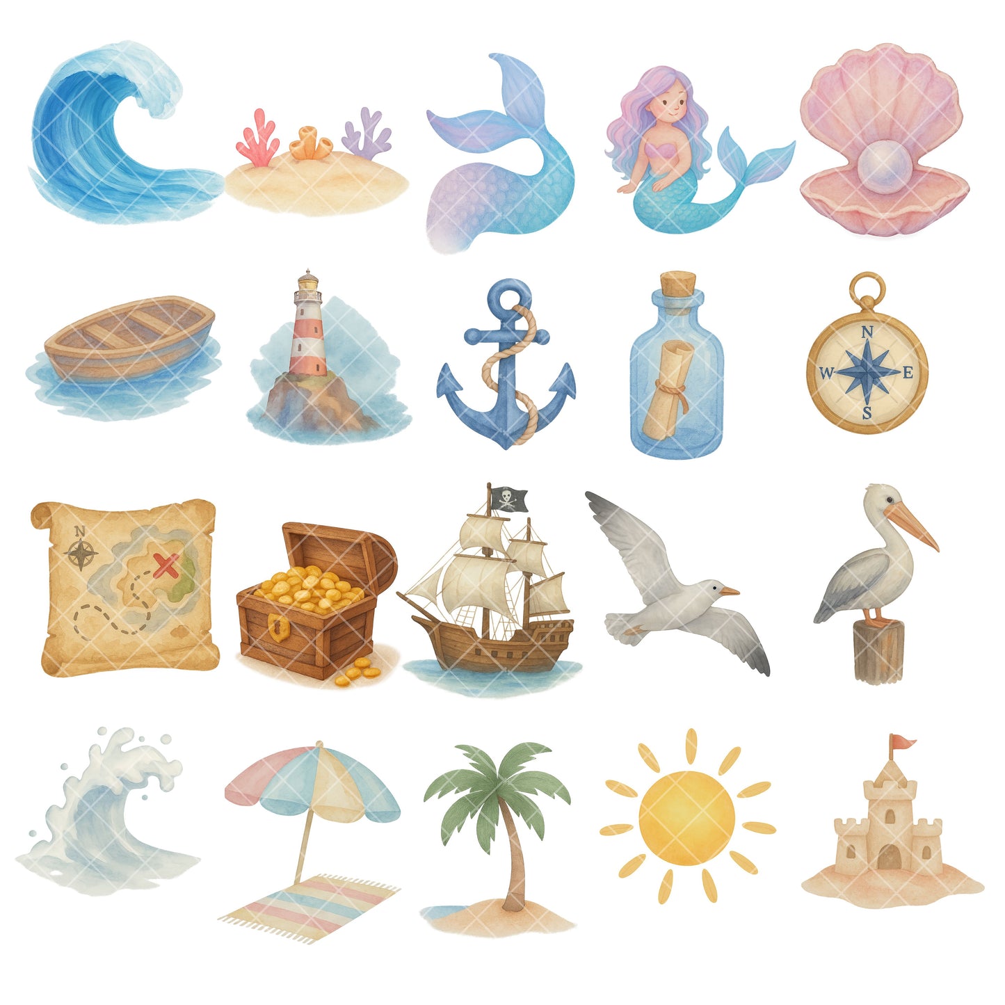 Sea Animals Clipart Bundle | Ocean Friends PNG | Cute Marine Life Watercolor | Under the Sea Kids Clipart | Coral, Pirate Ship, Beach Art