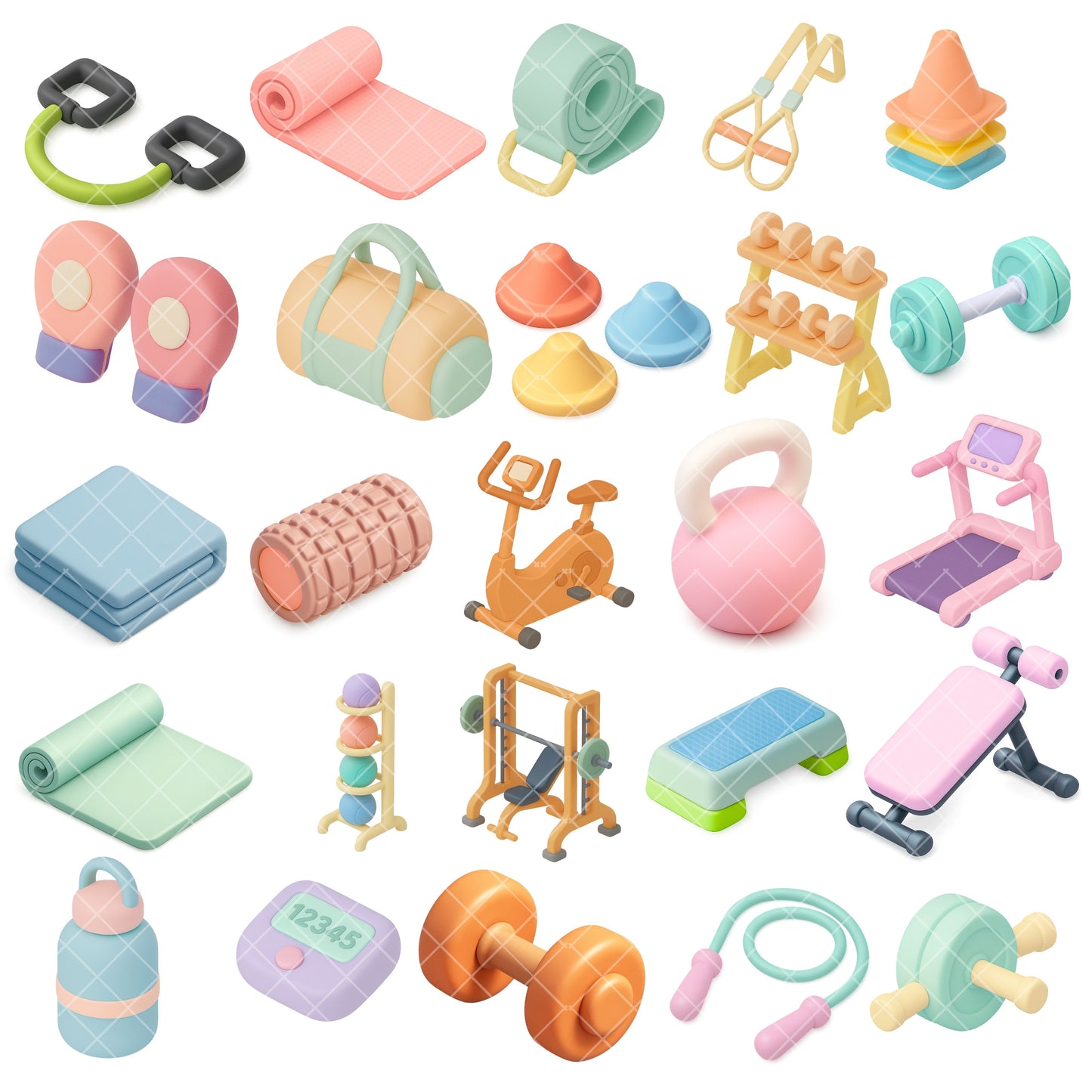 Health & Fitness 3D Clipart PNG Bundle – 55 Gym Equipment & Workout Graphics for Planners & Wellness Design