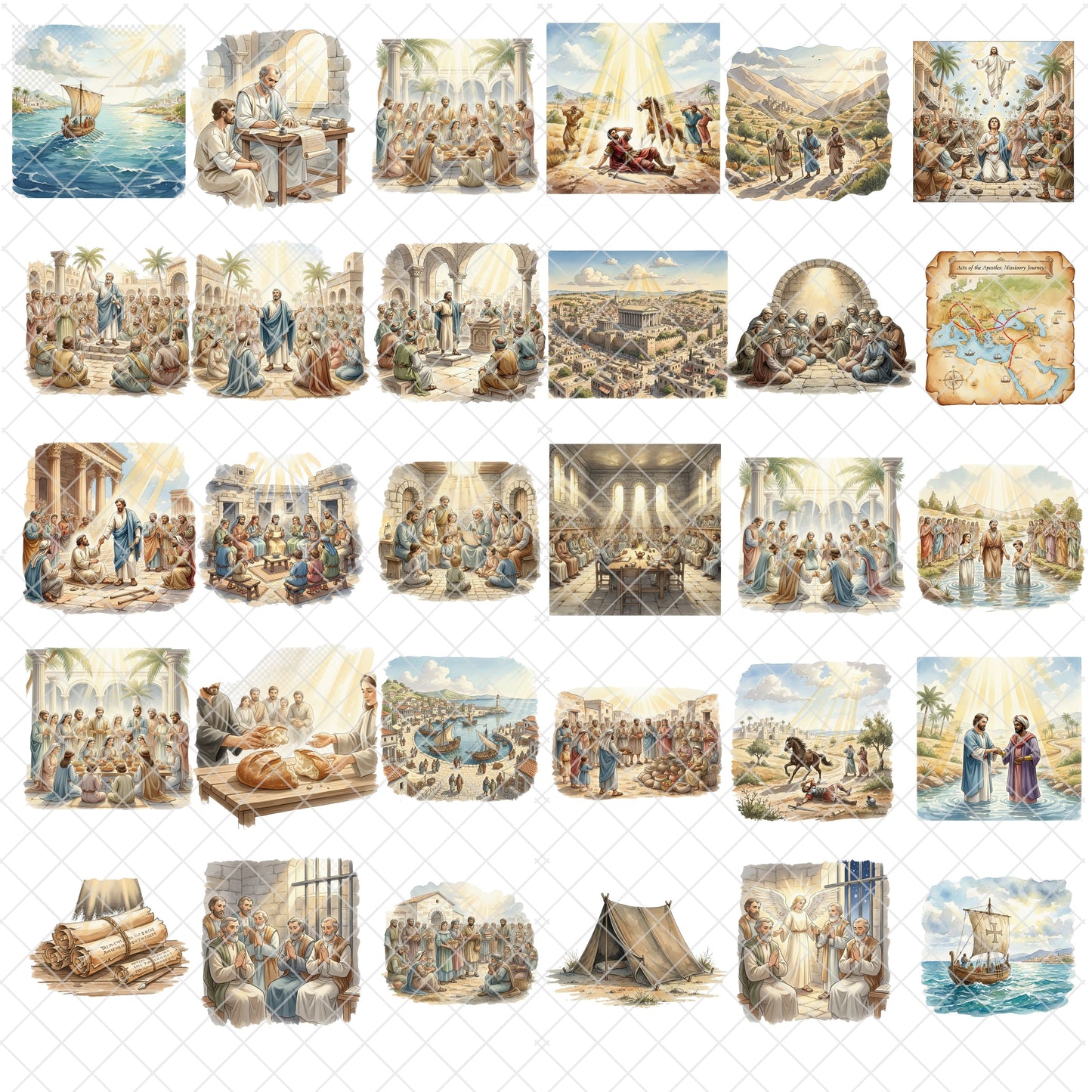Acts of the Apostles Watercolor Clipart PNG Bundle – 60 Christian Bible Story Illustrations