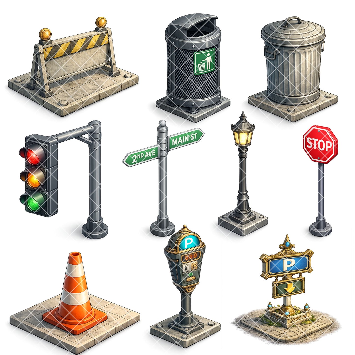 Modern Urban Props 3D Clipart PNG Bundle – 50 City Map & Game Asset Graphics for Isometric Design
