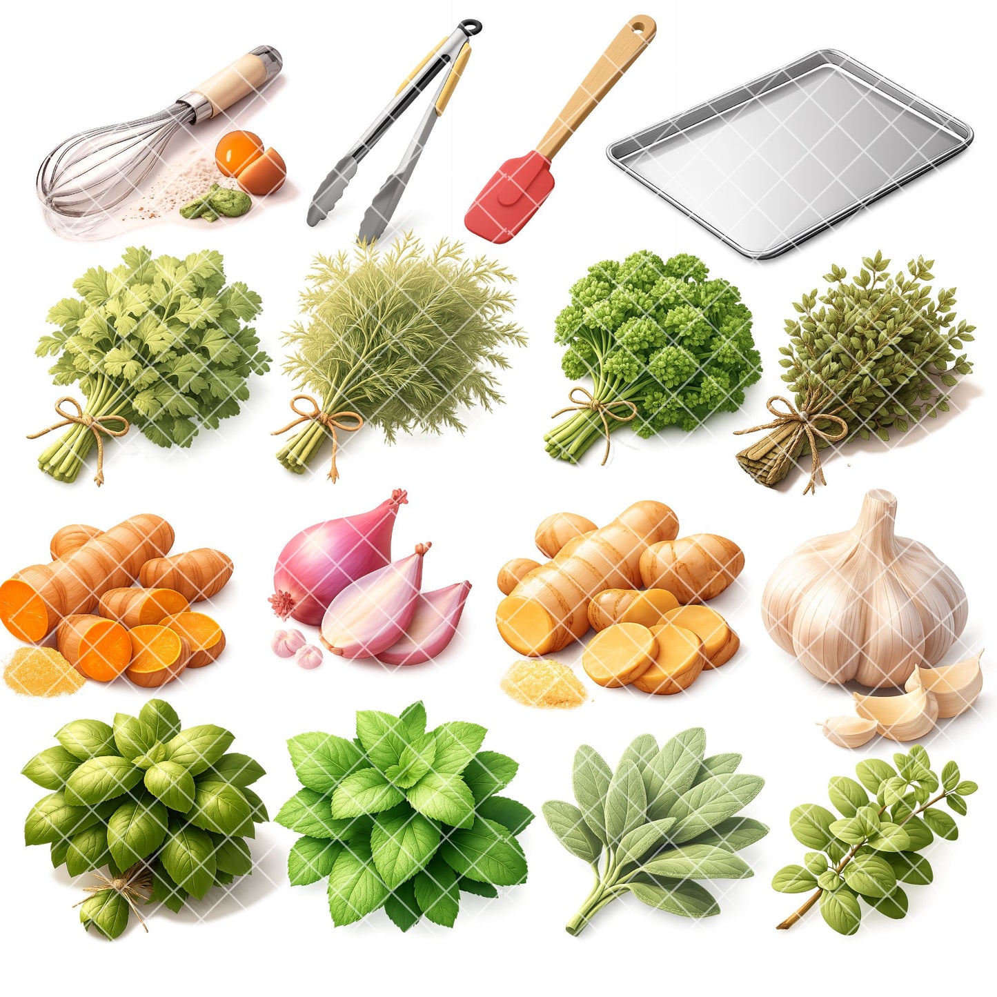 Kitchen Herbs Clipart PNG Bundle – 50 Cooking Utensils, Vegetables & Spices | Culinary Digital Download