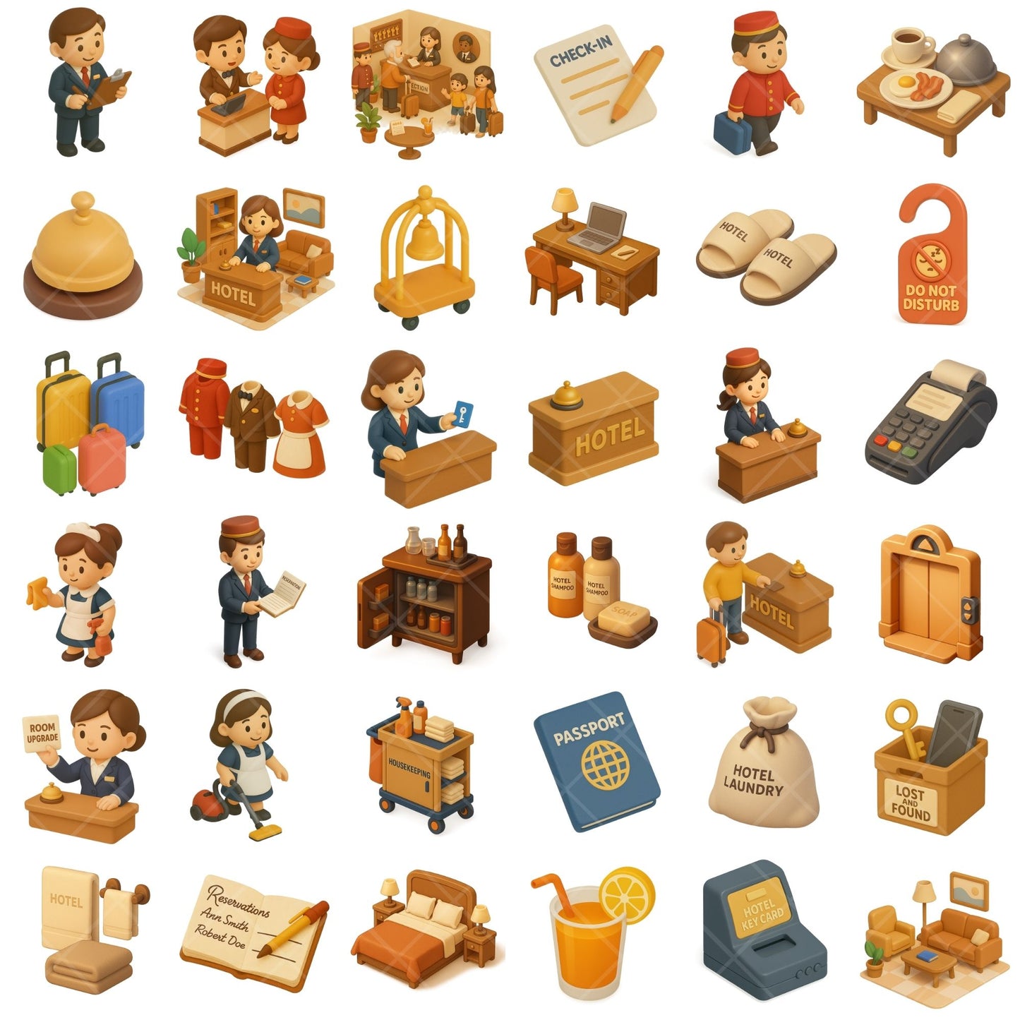 Hotel Staff Clipart Bundle, Hospitality PNG Icons, Receptionist Concierge Bellhop Graphics for Planners