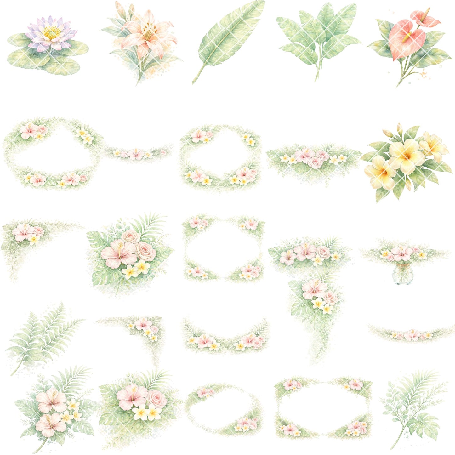 Tropical Watercolor Flower Clipart – 55 Pastel Floral PNG Files – Hibiscus, Lotus & Tropical Leaves Graphics