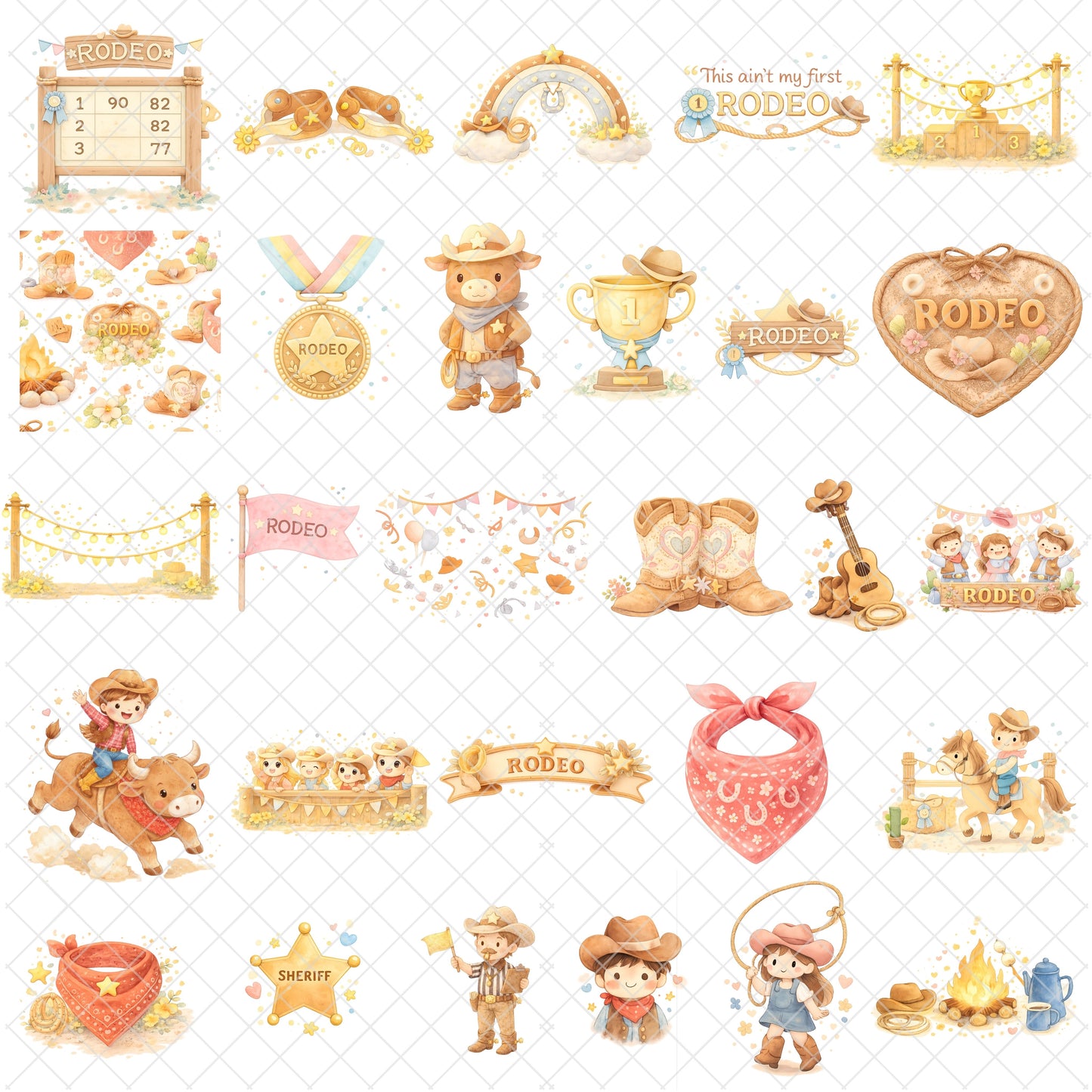 Rodeo Watercolor Clipart Set – Cowboy Kids & Western PNG, Bull Riding, Barn & Farm Art for Parties, Crafts & Classrooms, 54 PNG