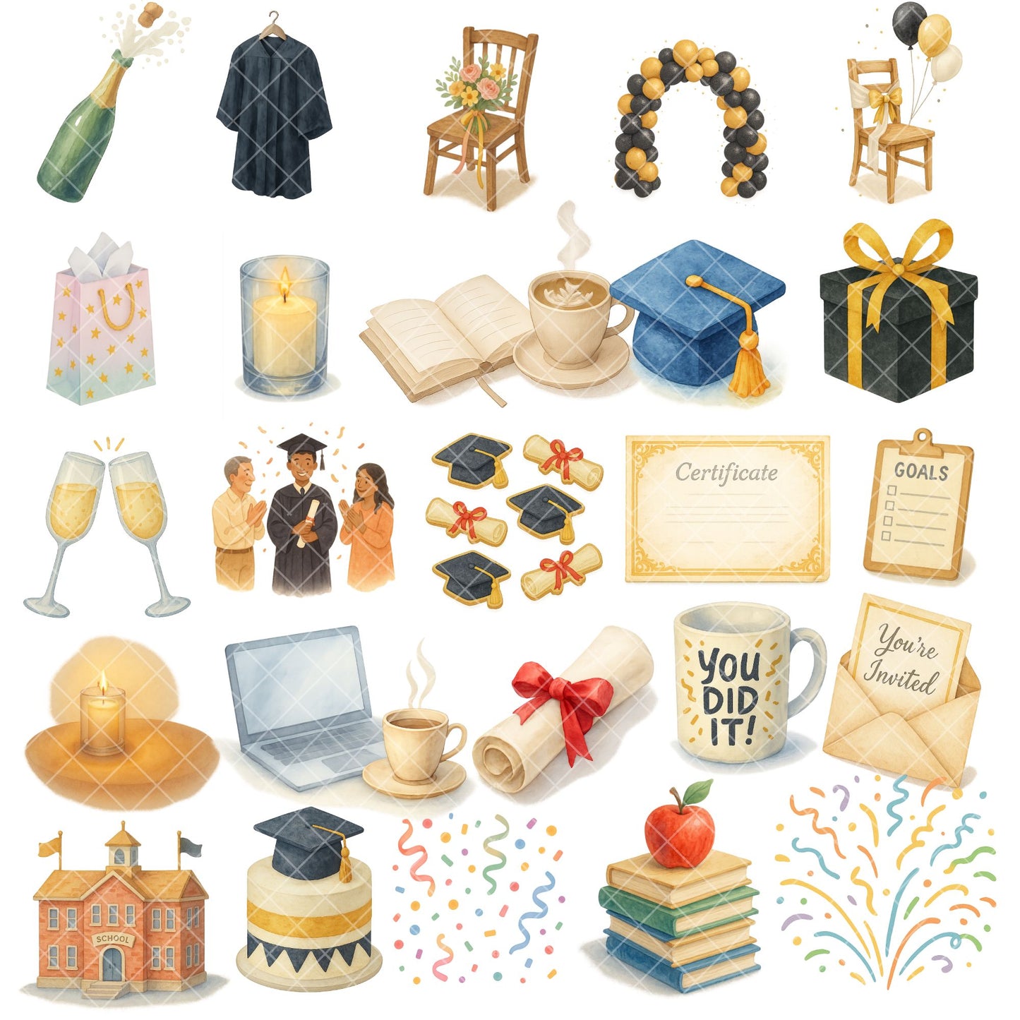Graduation Watercolor Clipart – Cap & Gown Congrats PNG | Grad Party Decor, Invitations & Celebration Art (55 Files)